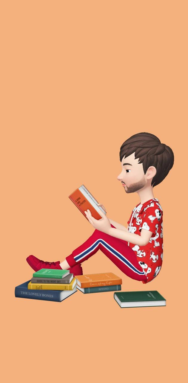 一個穿著紅色睡衣的卡通男孩盤腿坐著看書，周圍是色彩繽紛的書籍。 — 單身男孩 壁紙