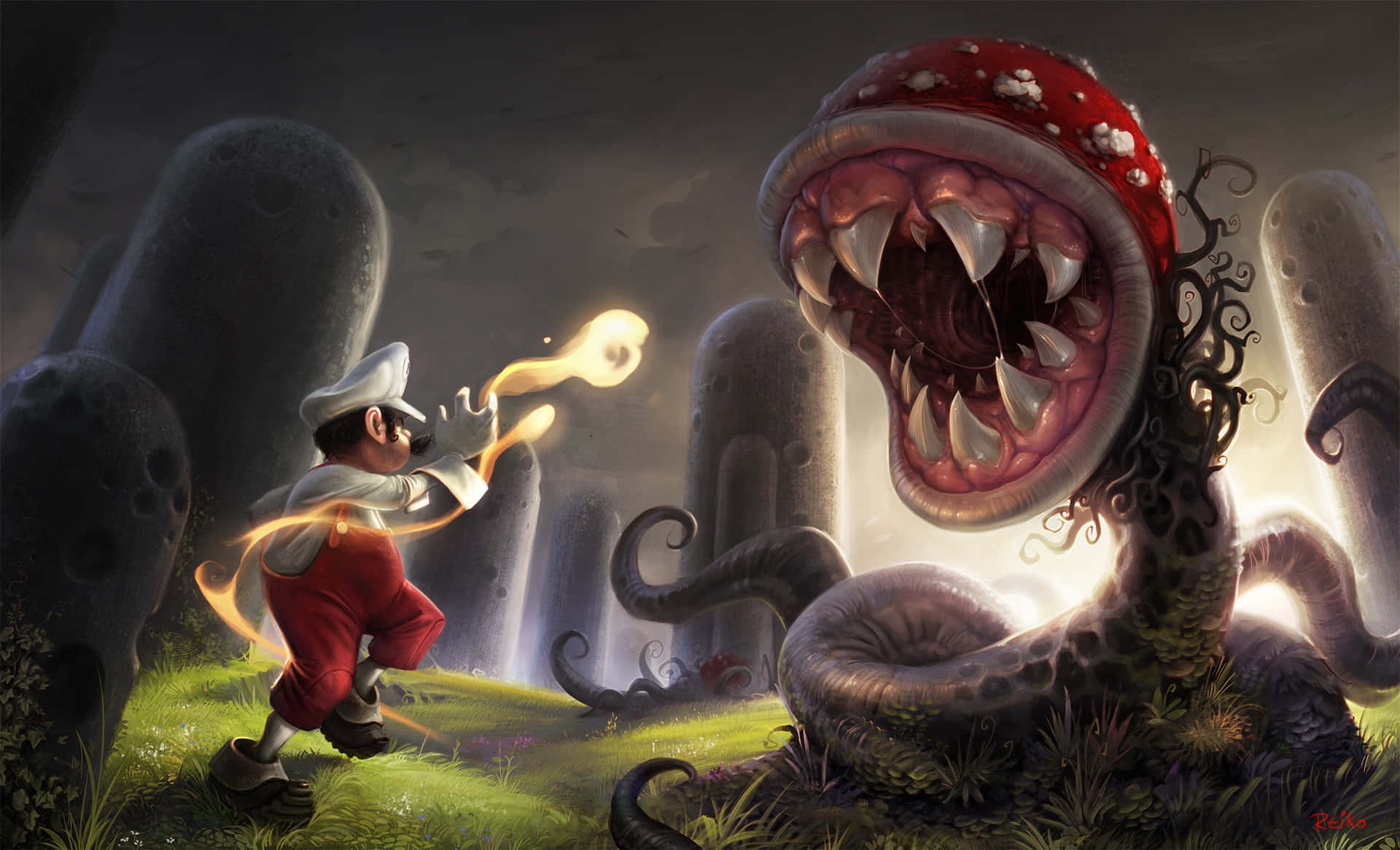 piranha plant 桌布 壁紙 — 一個穿著紅色睡衣的小男孩向一個擁有尖銳牙齒和紅色帽子的巨大怪獸食人植物發射發光投射物。