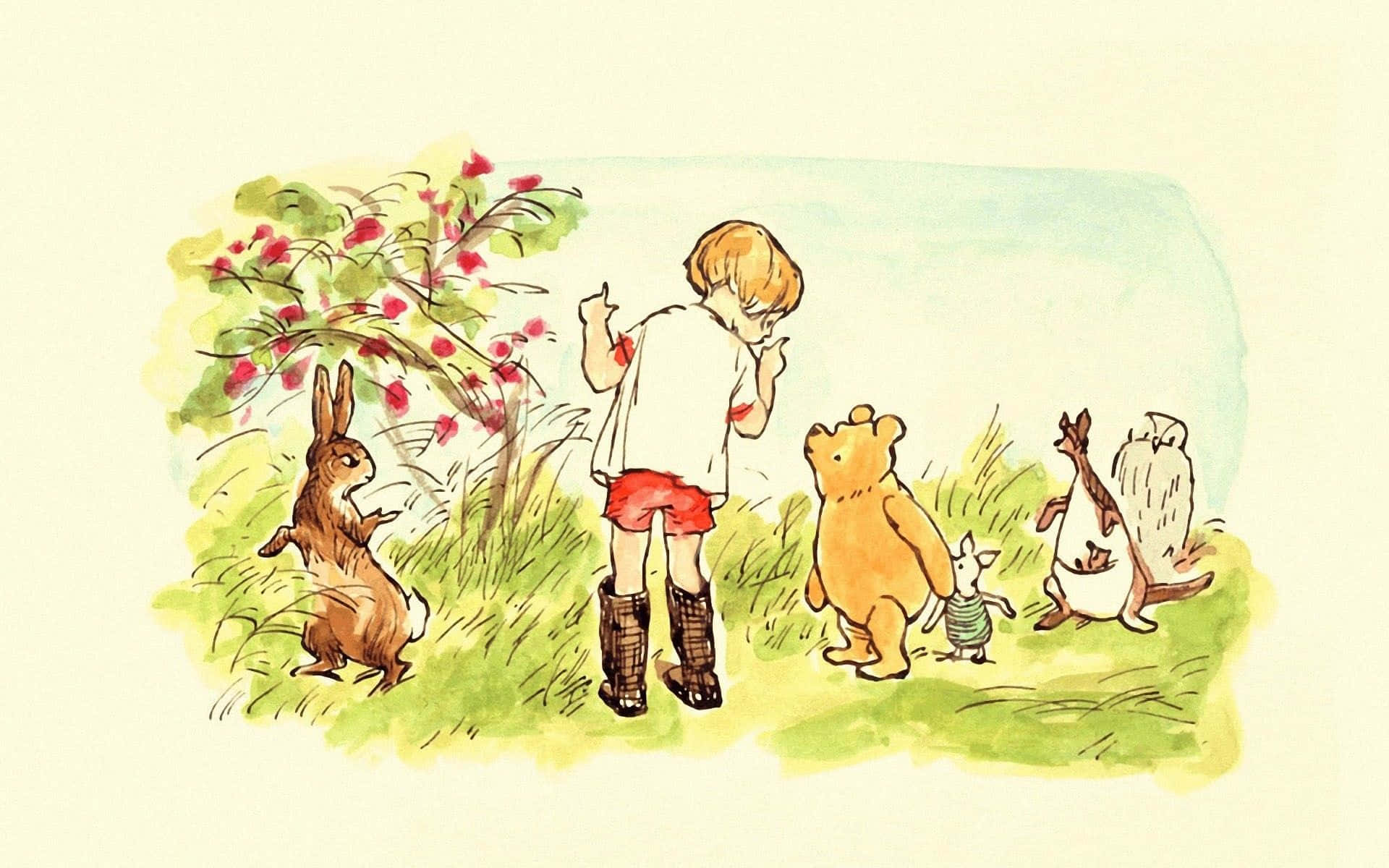 winnie the pooh 桌布 壁紙 — 一個穿著紅色短褲和靴子的孩子與小熊維尼和朋友們站在草地上的一棵開花的樹下。
