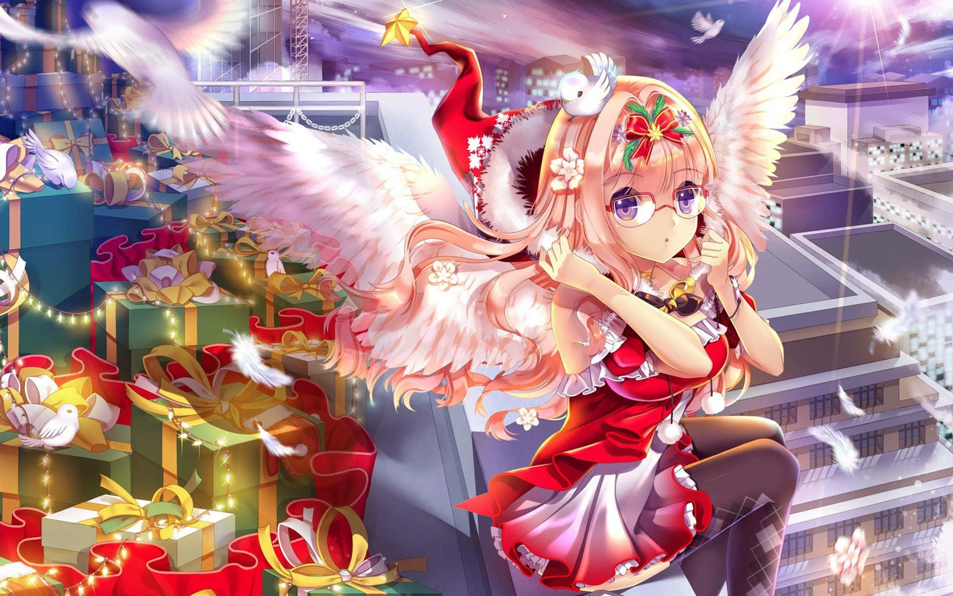 聖誕樹動畫 桌布 壁紙 — 一個穿著紅色節日服裝的開心動漫天使女孩棲息在一堆發光的禮物盒上，背景是節日城市景觀。