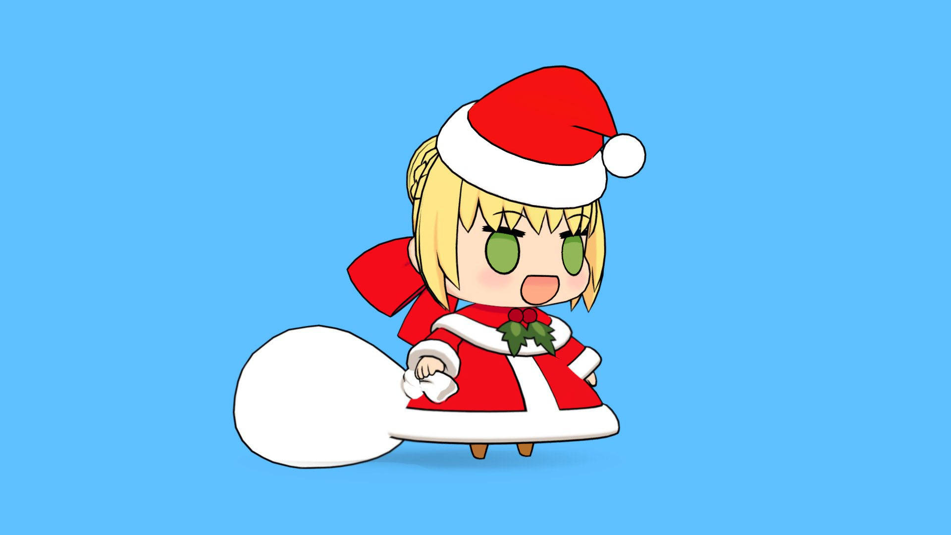 vrchat 桌布 壁紙 — 一個穿著紅色聖誕老人服裝的Q版動漫女孩，在純藍色背景上拿著一個白色袋子。