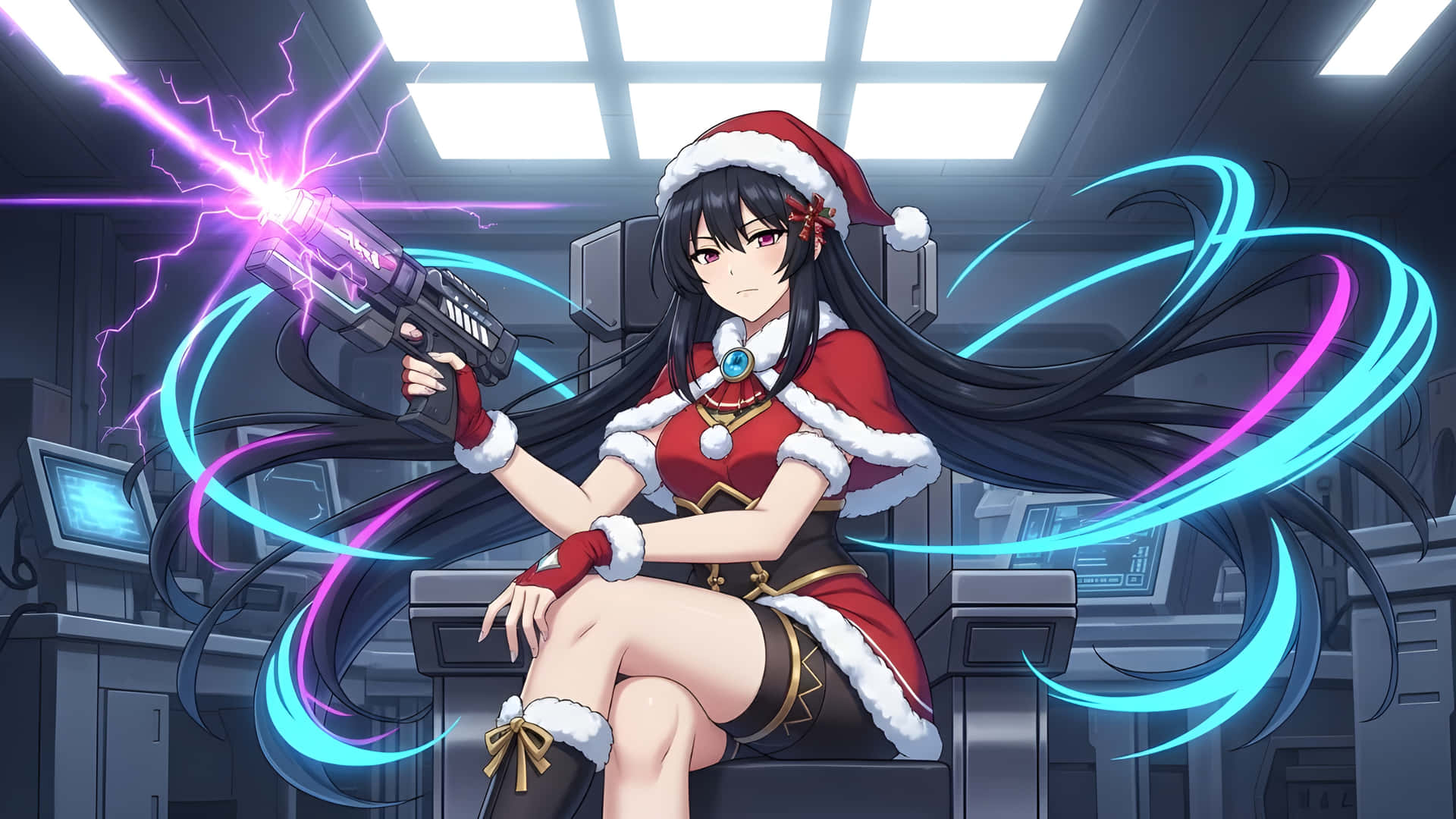 Anime woman in Santa outfit with futuristic gun in sci-fi lab 壁紙 — 一個穿著紅色聖誕老人服裝的動漫女孩在未來控制室中發射發光的紫色能量槍。