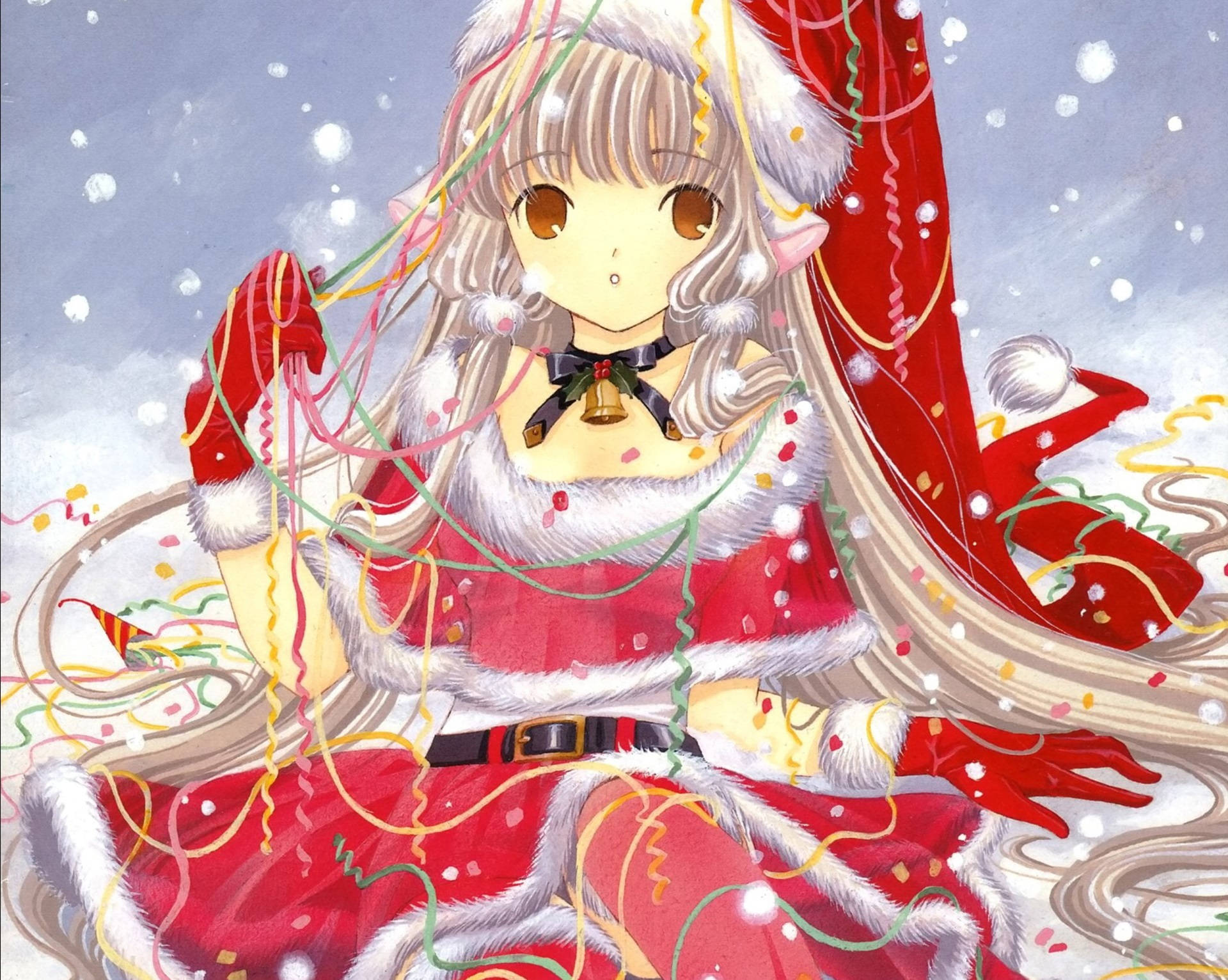 Chobits 桌布 壁紙 — 一個穿著紅色聖誕老人服裝的開朗動漫女孩坐在飄落的雪和彩色紙帶中。