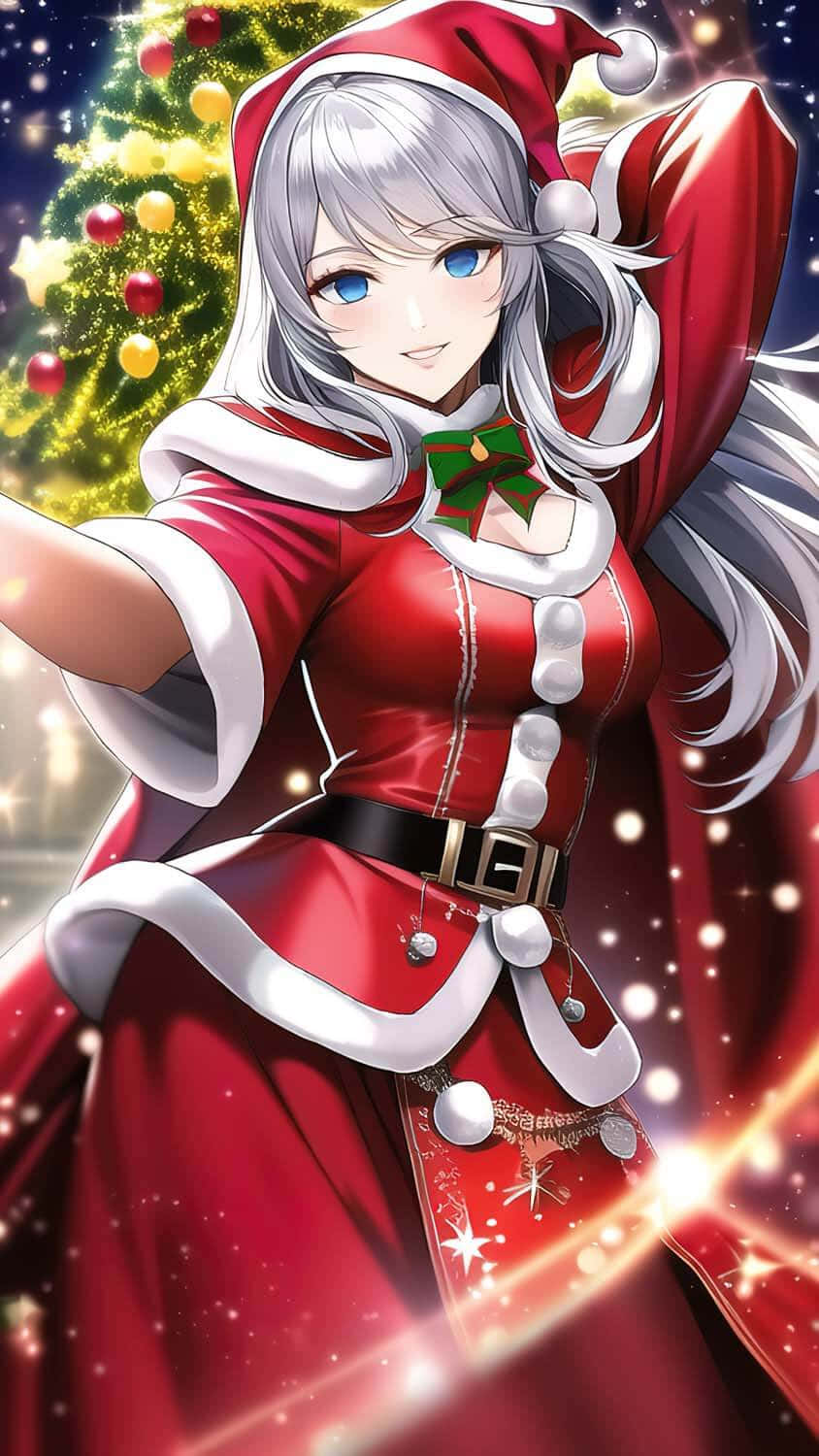 聖誕樹動畫 桌布 壁紙 — 一個穿著紅色聖誕老人服裝的開朗動漫女孩，在星空下閃爍的聖誕樹旁擺姿勢。