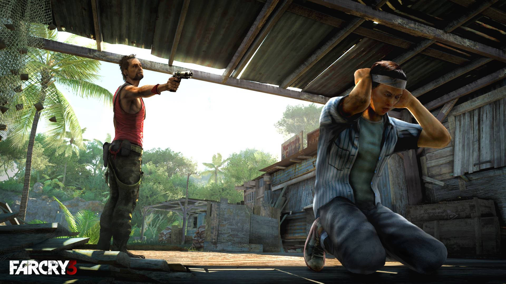 Far Cry 3 桌布 壁紙 — 一個穿著紅色背心的男人，在一個熱帶村莊的鏽蝕波紋鐵皮屋頂下，用槍指著另一個因恐懼而跪下的男人。