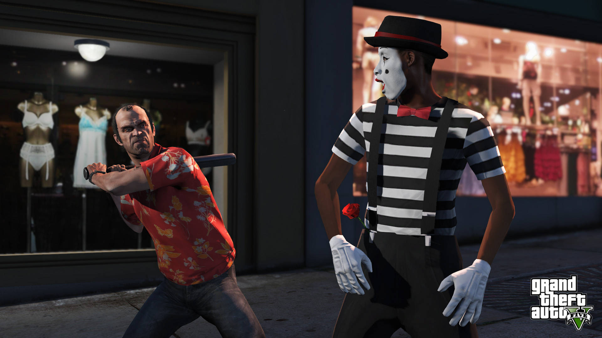 4K gta 5 桌布 壁紙 — 一個穿著紅色花卉圖案襯衫的男人在城市的行人道上揮舞球棒，擊向一個穿著條紋襯衫和高帽的小丑。