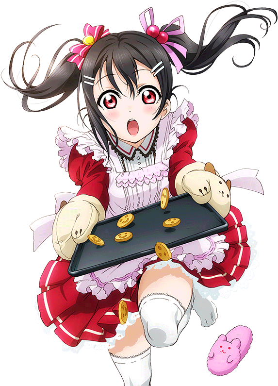 Nico Yazawa 桌布 壁紙 — 一個穿著紅色荷葉邊連衣裙的驚訝動漫女孩拿著一個托盤，餅乾飛出來，附近漂浮著一隻粉紅色兔子拖鞋。