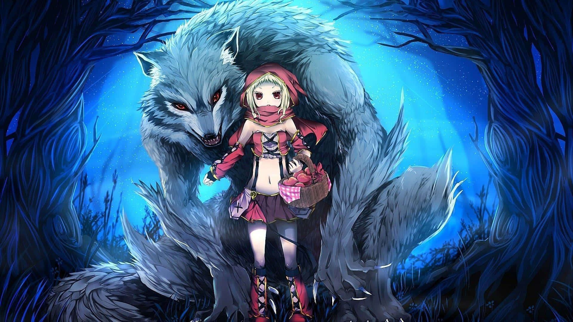 動漫女孩 桌布 壁紙 — 一個穿著紅色衣服的小女孩站在一個巨大的發光藍色狼旁邊，在黑暗的魔法森林中，星空下。