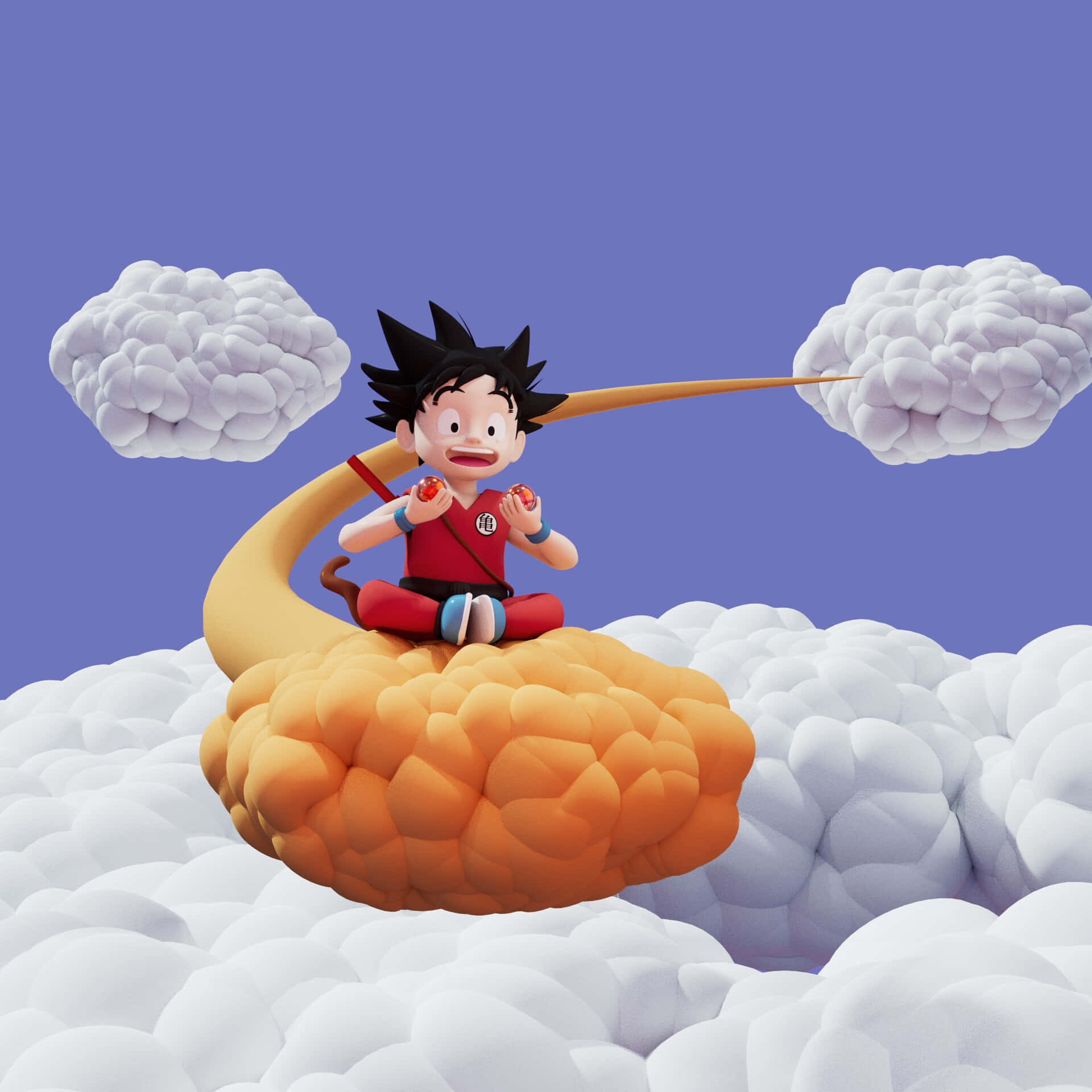 Nimbus 桌布 壁紙 — 一個穿著紅色衣服的開心動畫男孩坐在一個巨大的橙色雲朵上，周圍有蓬鬆的白色雲朵漂浮，背景是紫色的天空。