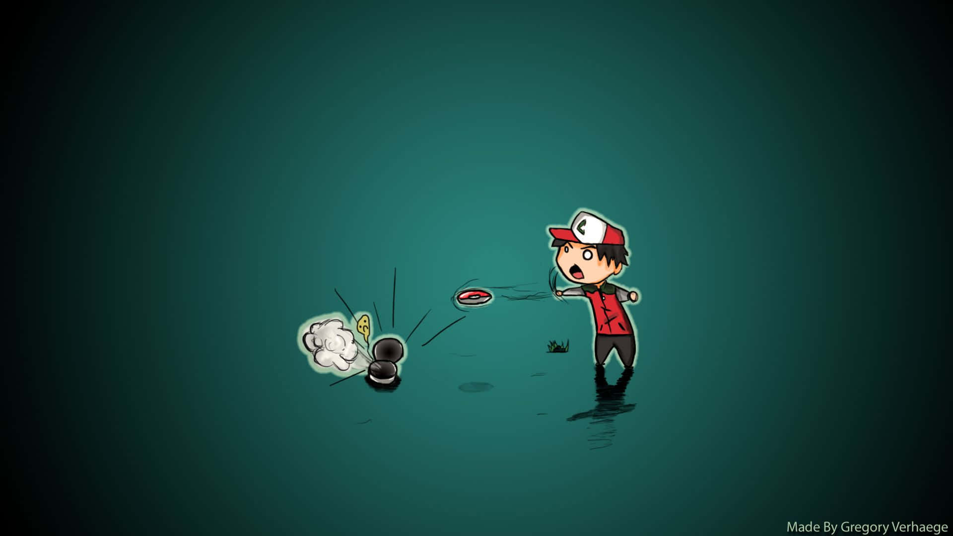 Pokemon Funny 桌布 壁紙 — 一個穿著紅色襯衫和帽子的卡通男孩在深藍綠色虛空中向一個小生物投擲精靈球。