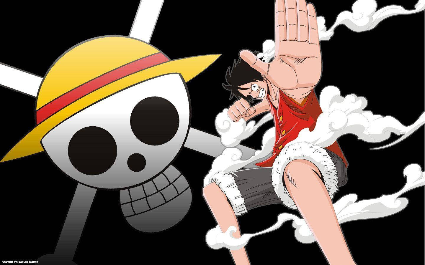 Luffy 桌布 壁紙 — 一個穿著紅色襯衫和草帽的動態動漫角色，在帶有骷髏標誌的黑色背景上擺出姿勢，並帶有煙霧效果。
