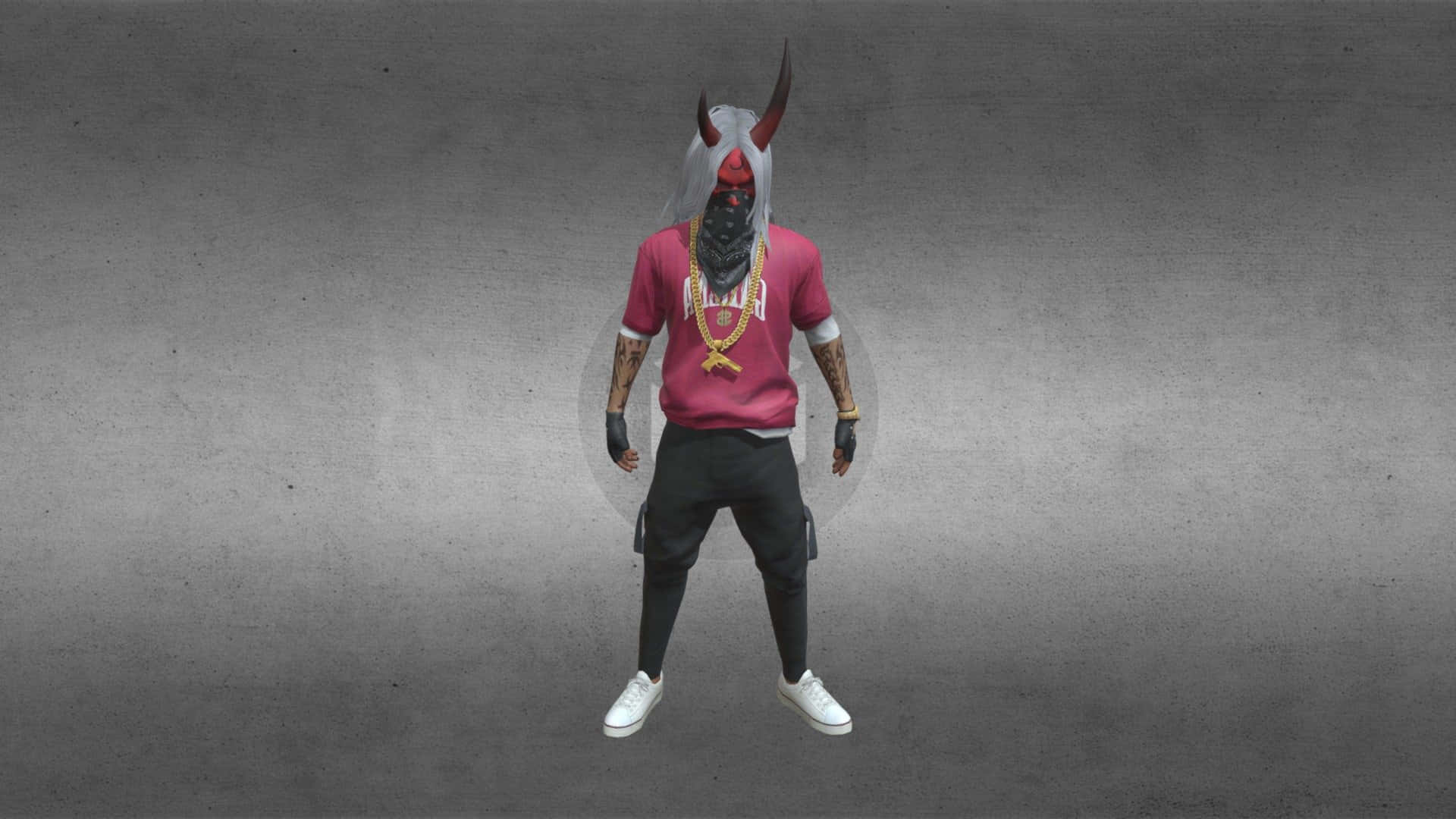 Hip Hop Free Fire 桌布 壁紙 — 一個穿著紅色襯衫和魔鬼面具的人站在灰色紋理背景前，戴著金鏈和白色運動鞋。