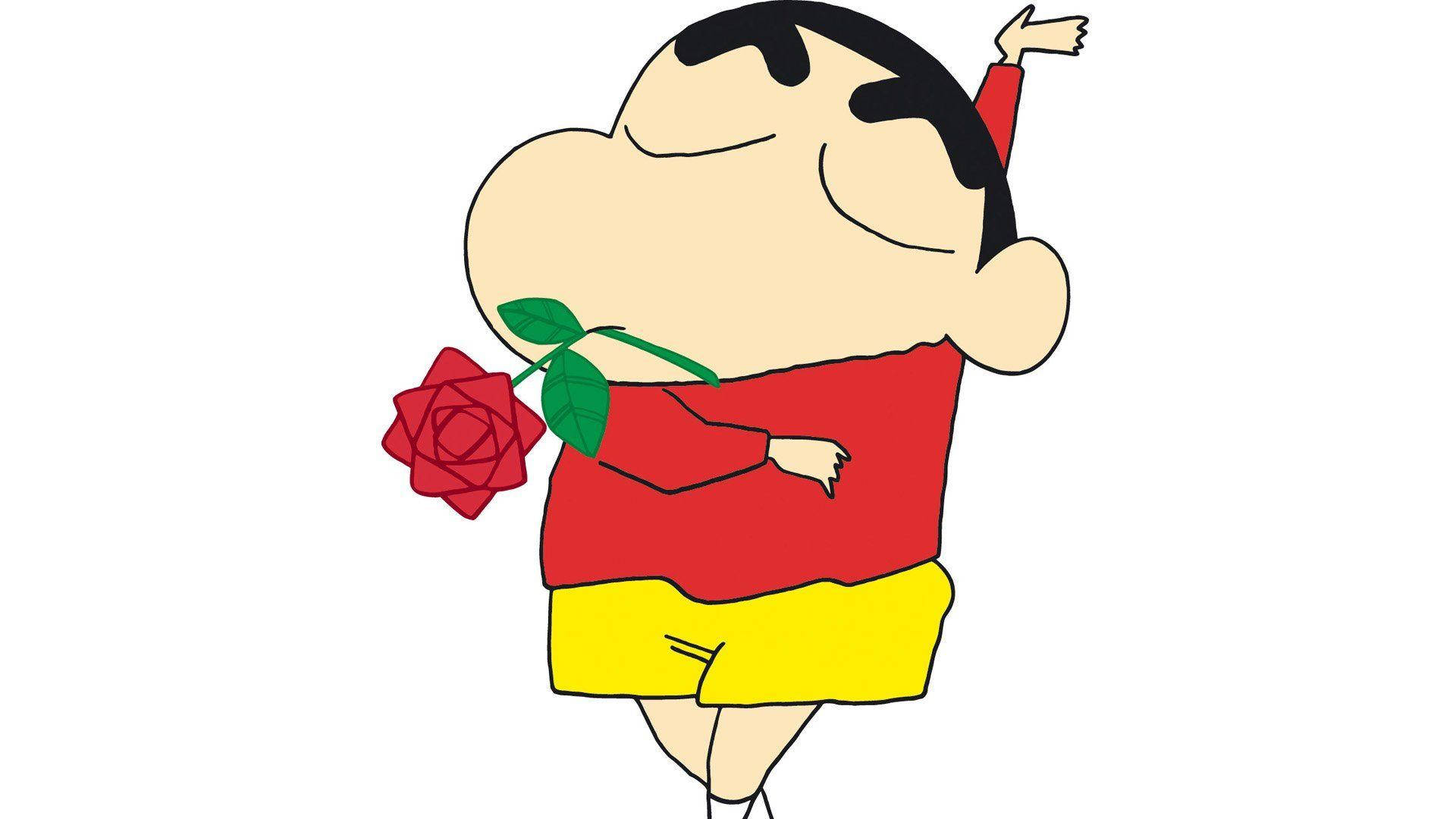 shinchan 桌布 壁紙 — 一個穿著紅色襯衫和黃色短褲的快樂卡通男孩，一手拿著紅玫瑰，另一手揮手。