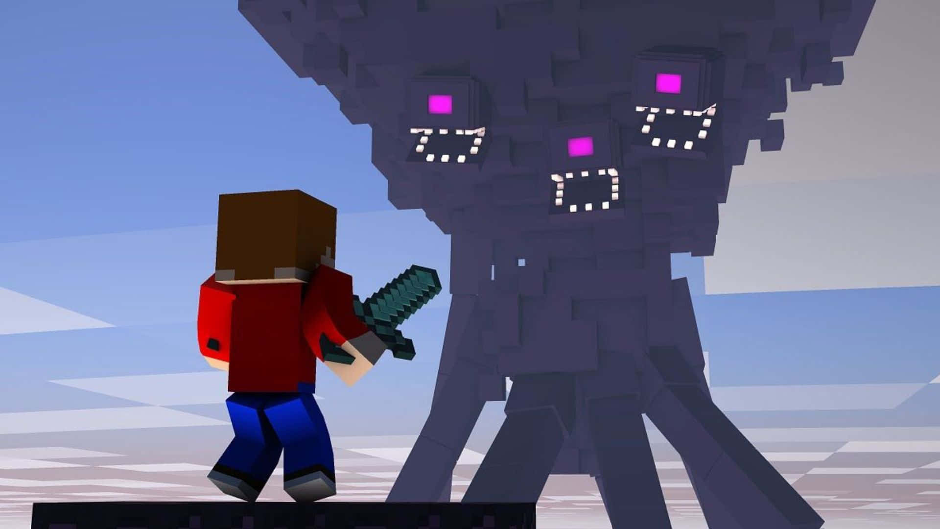 Minecraft Wither 桌布 壁紙 — 一個穿著紅色襯衫的像素化Minecraft玩家在方塊地形上面對一隻發光眼睛的高大紫色終界使者。