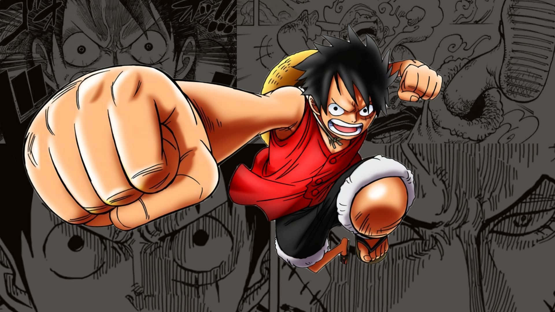 Luffy 桌布 壁紙 — 一個穿著紅色襯衫的動態動漫角色，在粗糙的素描背景前，以兇猛的表情向前出拳。