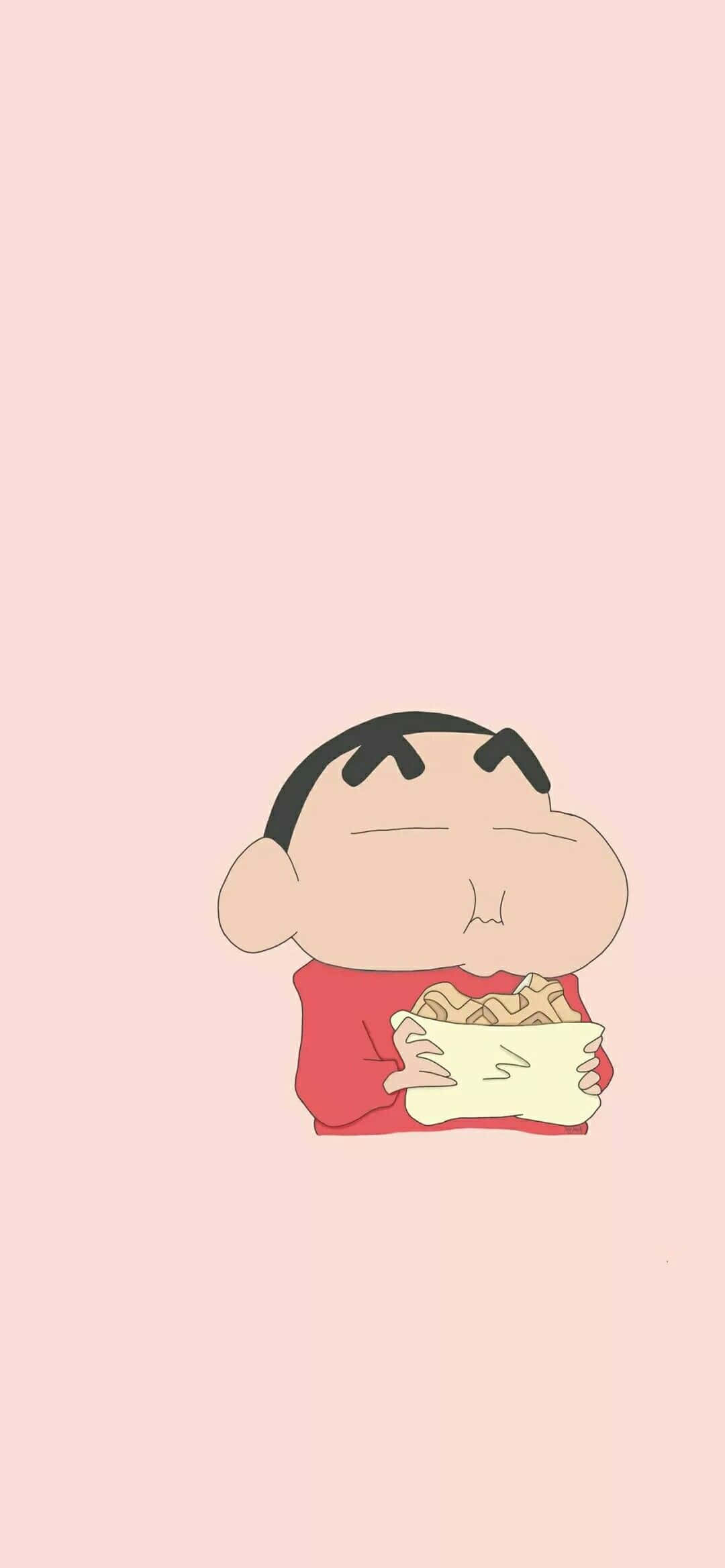 Crayon Shin Chan 桌布 壁紙 — 一個穿著紅色襯衫的卡通男孩在柔和的粉紅色背景上開心地吃麵條。