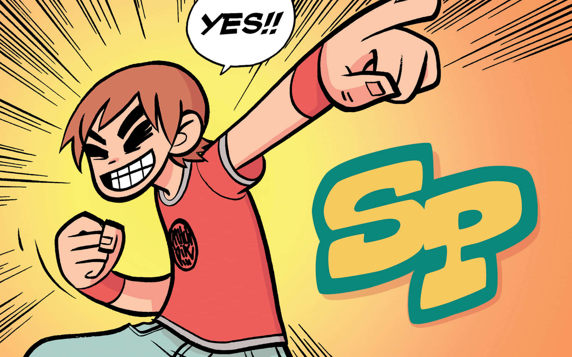 scott pilgrim 桌布 壁紙 — 一個穿著紅色襯衫的卡通男孩在黃橙色背景上舉起拳頭歡呼，背景有漫畫速度線和一個大型風格化的SP標誌。