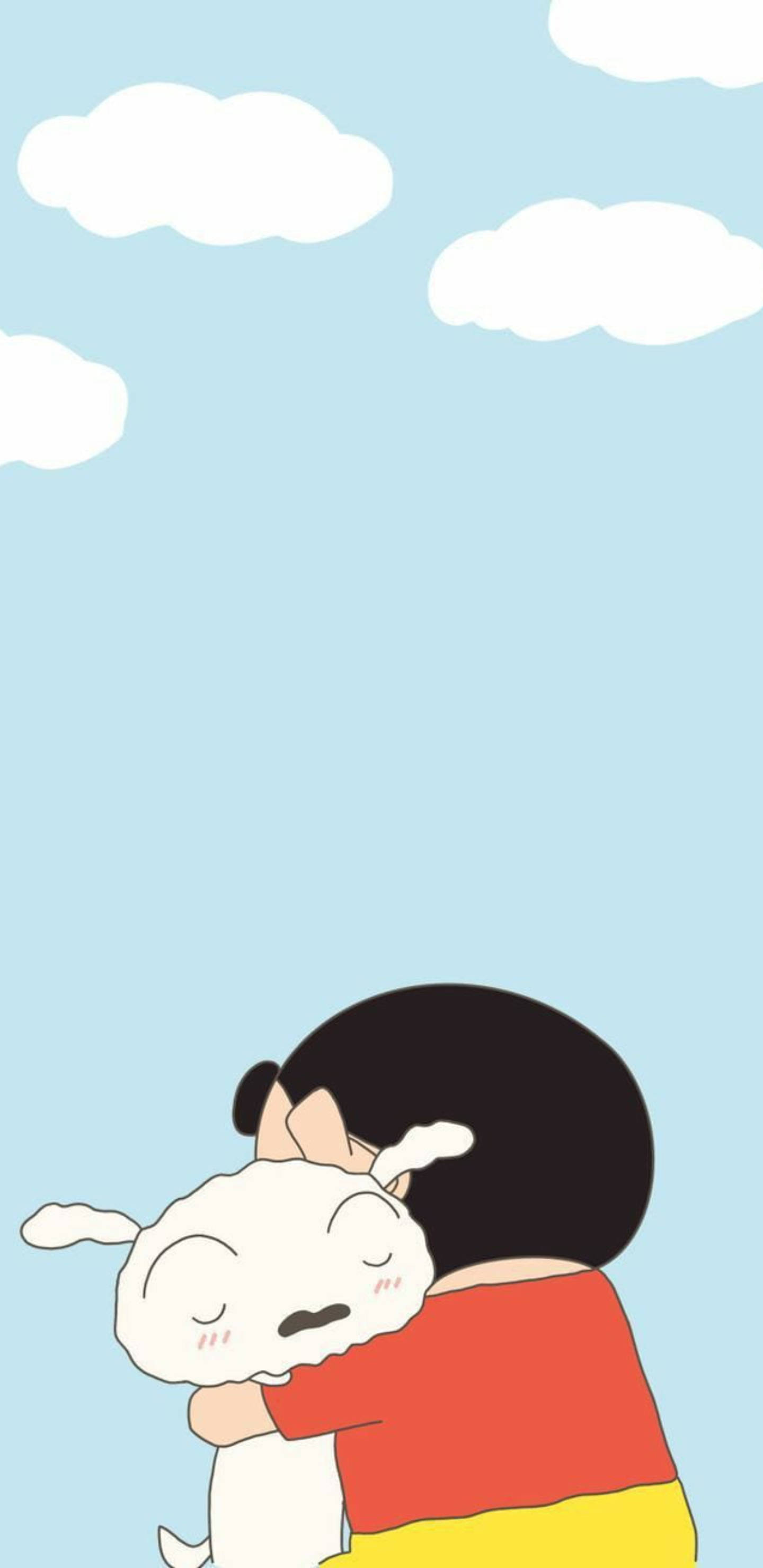 shinchan 桌布 壁紙 — 一個穿著紅色襯衫的可愛動漫女孩在柔和的藍天下擁抱一隻毛茸茸的白狗，天空中有蓬鬆的雲朵。