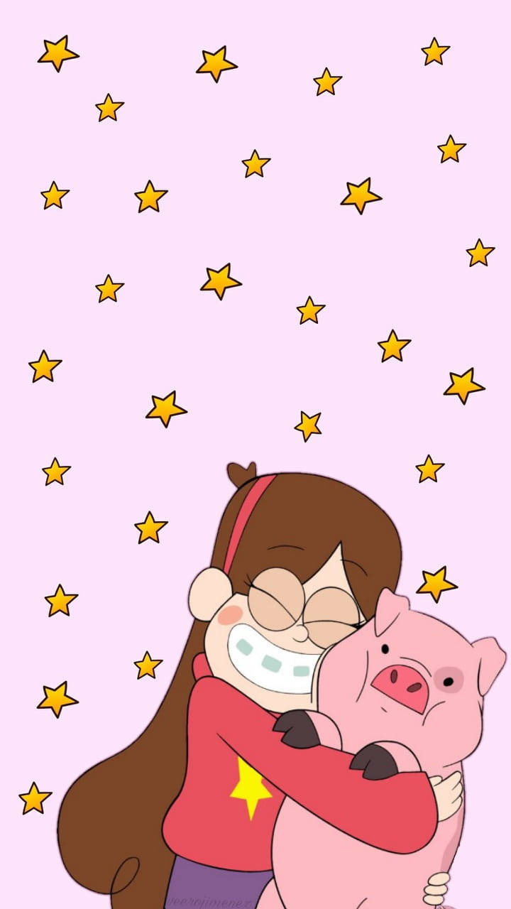 Mabel 桌布 壁紙 — 一個穿著紅色襯衫的快樂卡通女孩在一個點綴著金色星星的柔和粉紅色背景前擁抱一隻粉紅色的豬。