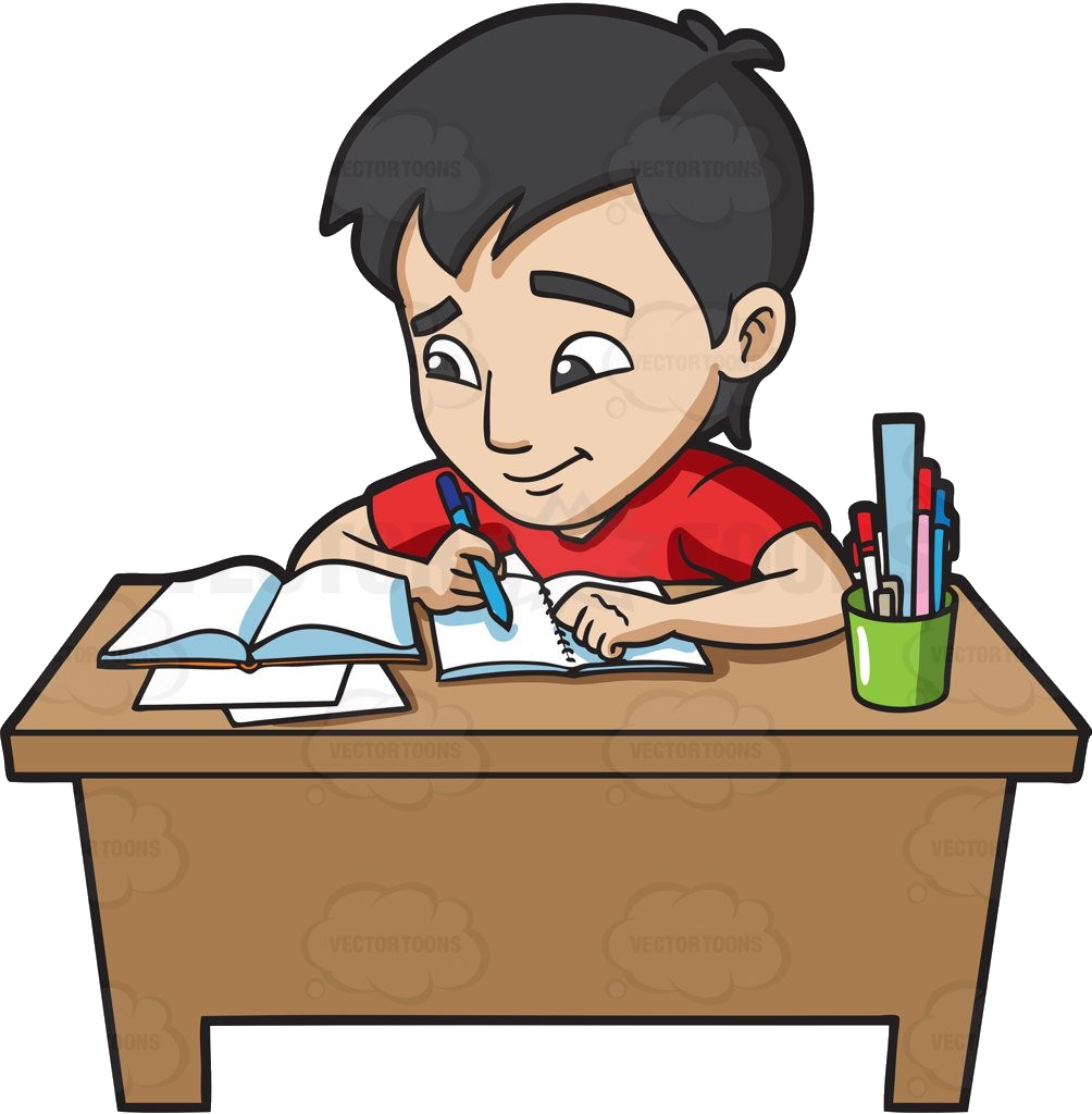 Notebook 桌布 壁紙 — 一個穿著紅色襯衫的快樂卡通男孩在木桌上寫筆記本，旁邊有一個綠色筆筒。