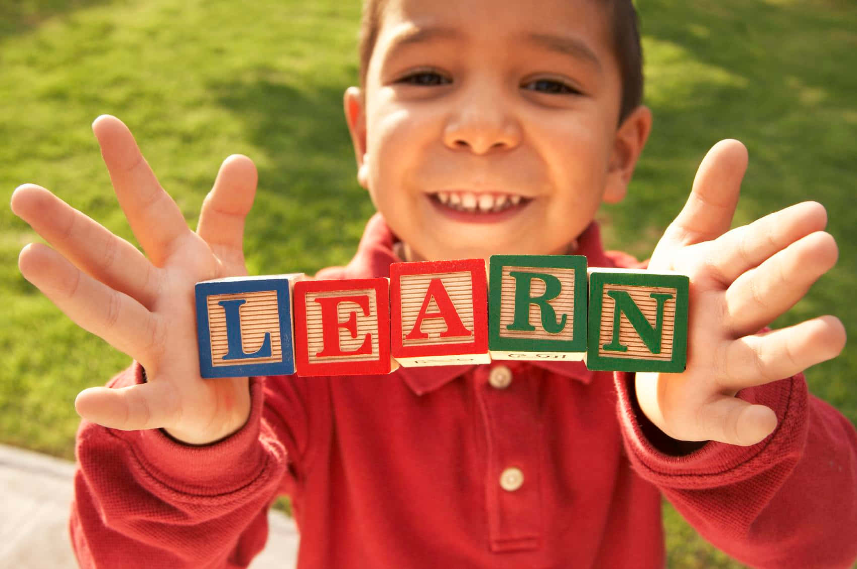 Learning 桌布 壁紙 — 一個穿著紅色襯衫的快樂小男孩，在陽光明媚的綠色草坪上，手持色彩繽紛的木製積木，拼出「LEARN」字樣。