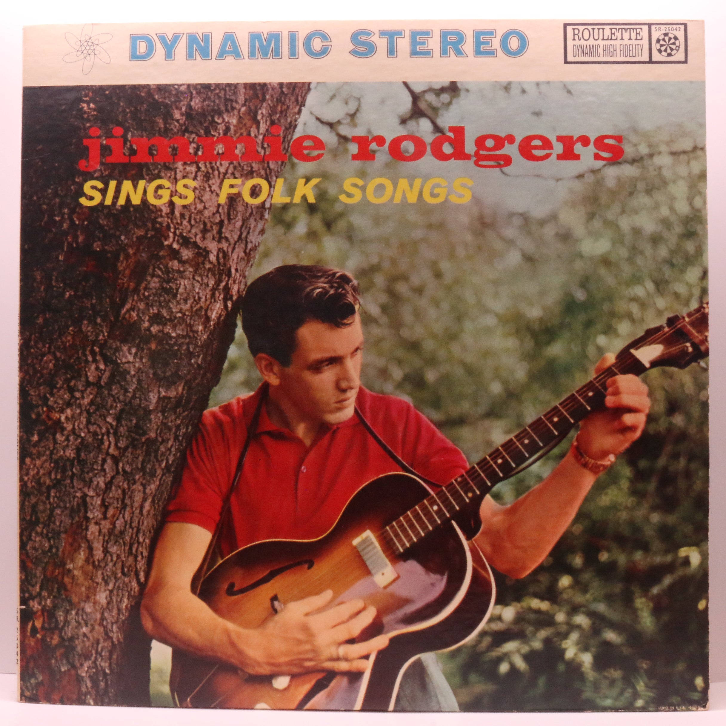 guitar player 桌布 壁紙 — 一個穿著紅色襯衫的男人靠著樹，拿著一把原聲吉他，並有文字疊加。