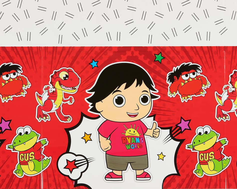 YouTube Banner 桌布 壁紙 — 一個穿著紅色襯衫的開心卡通男孩，在充滿活力的漫畫風格背景中，被頑皮的恐龍和青蛙包圍，豎起大拇指。