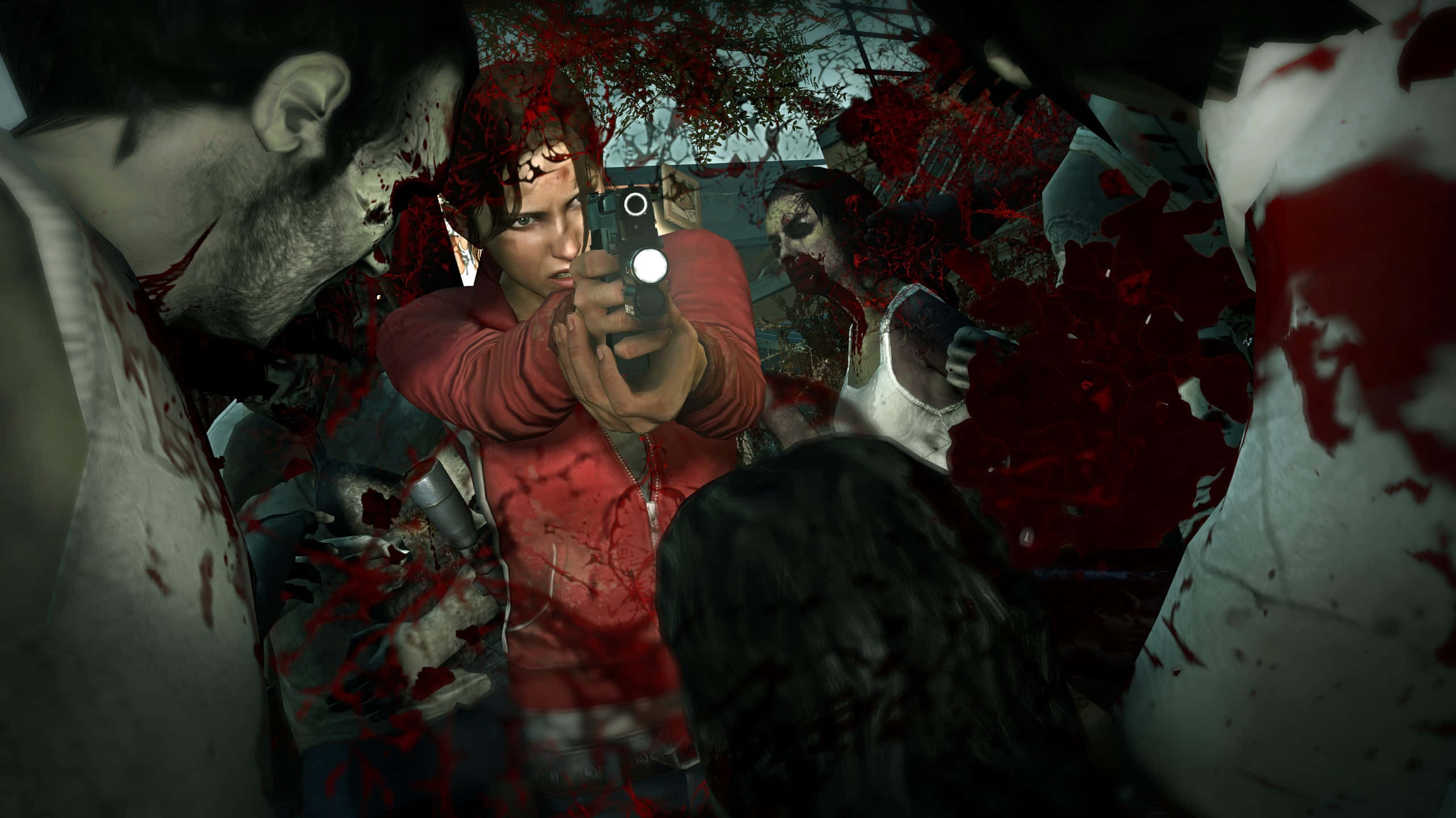 Left 4 Dead Characters 桌布 壁紙 — 一個穿著紅色襯衫的驚恐人物將手電筒照向逼近的、滿是血跡的殭屍面孔。