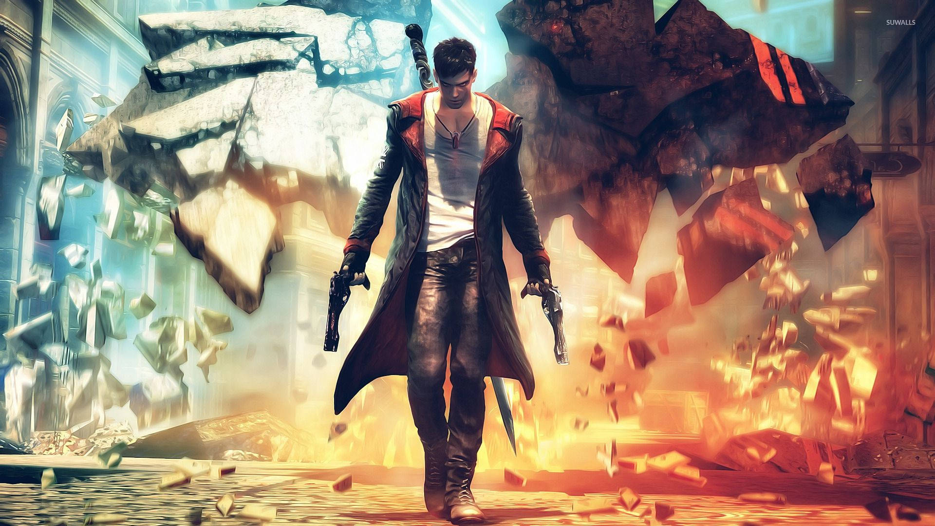 Devil May Cry 5 桌布 壁紙 — 一個穿著紅色襯裡外套的男人揮舞著兩把手槍，周圍的碎片在火熱的城市場景中爆炸。