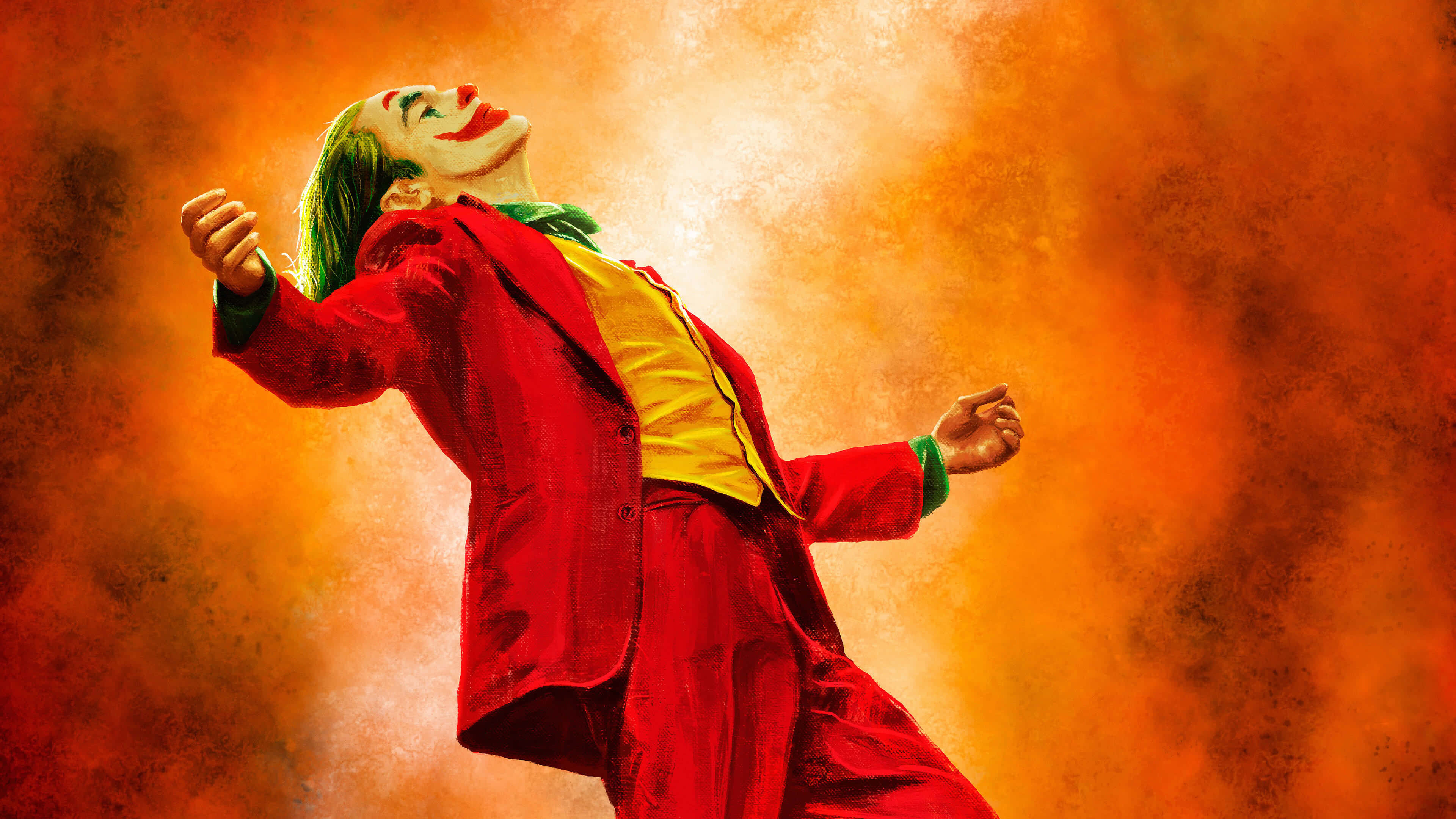 Joker Painting 桌布 壁紙 — 一個穿著紅色西裝、綠色頭髮的男人，在熾熱的橙色和黑色背景前狂笑。