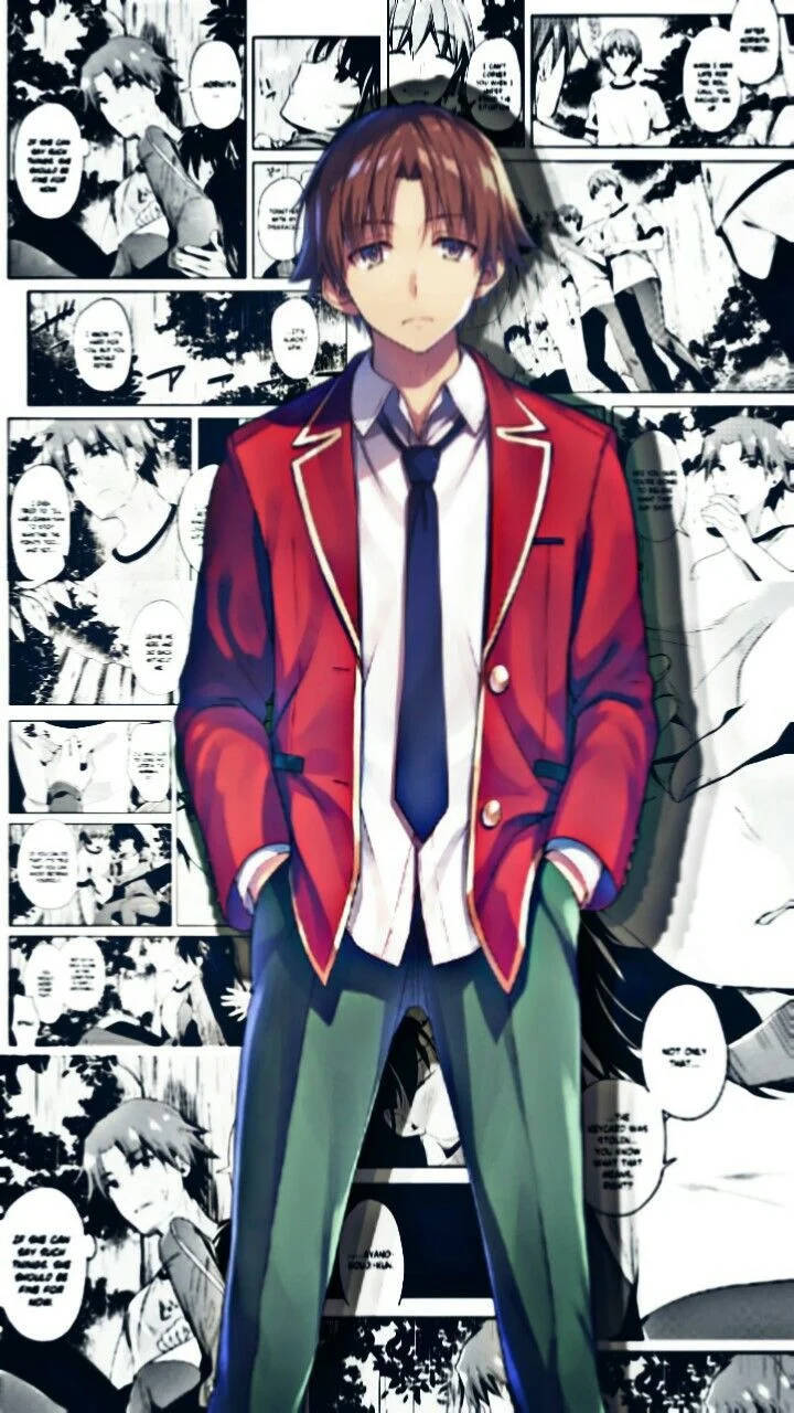 kiyotaka ayanokoji 桌布 壁紙 — 一個穿著紅色西裝外套的年輕動漫男孩，自信地站在黑白漫畫格背景前。