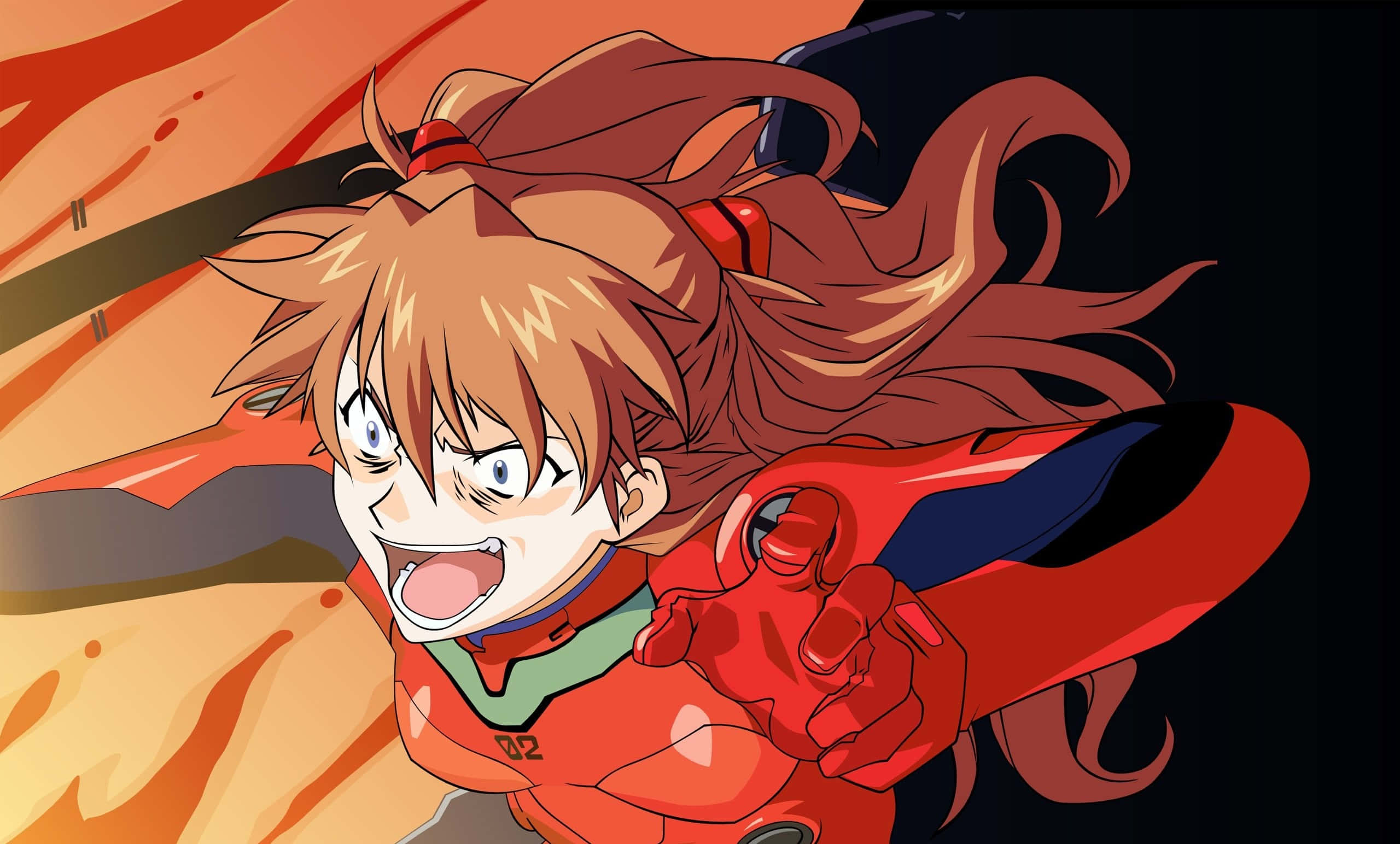 Asuka Langley Soryu 桌布 壁紙 — 一個穿著紅色西裝的動漫女孩，頭髮狂野，眼神銳利，在熾熱的橙色背景前指向前方。