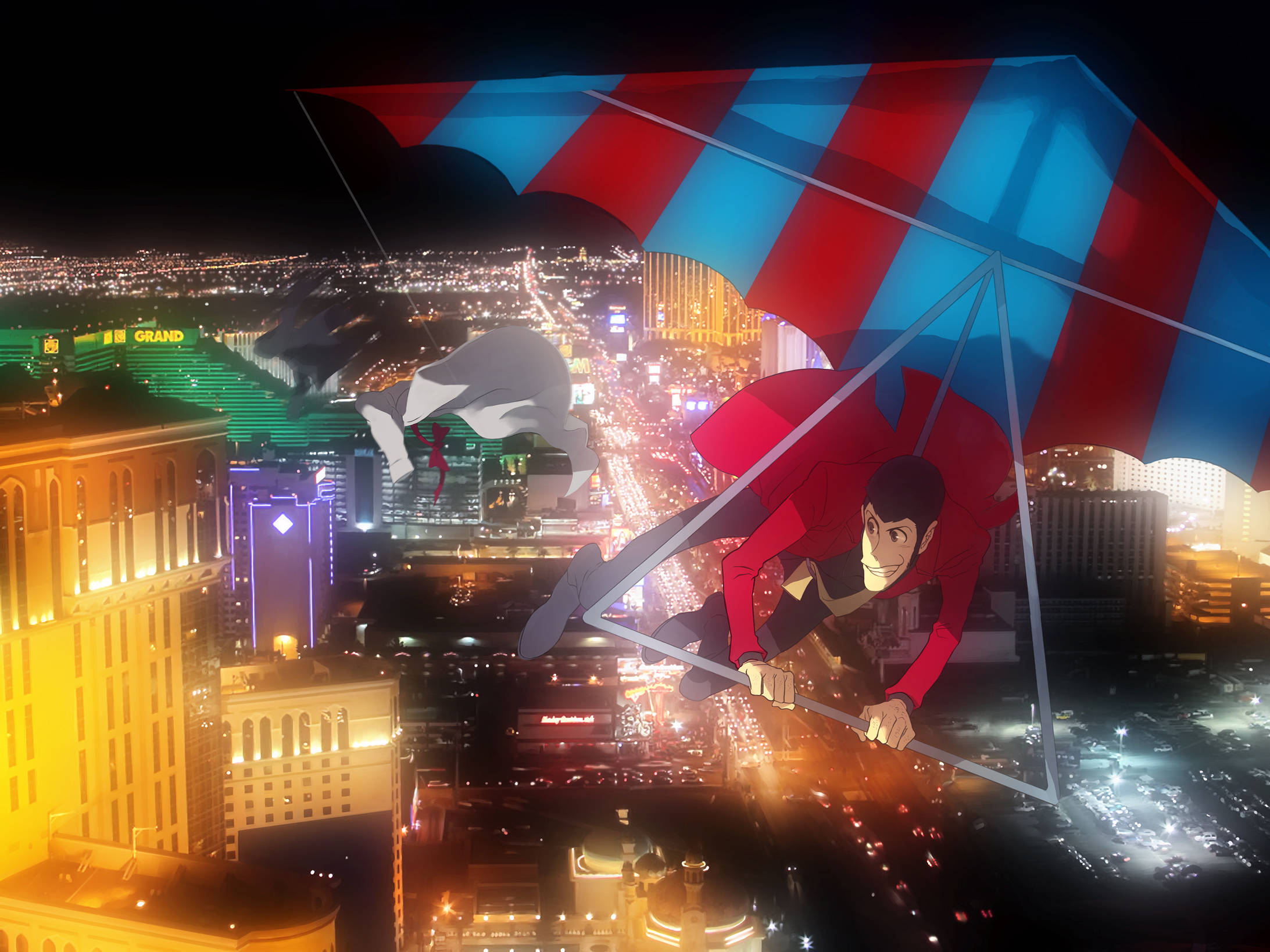 Lupin 桌布 壁紙 — 一個穿著紅色西裝的動漫角色在夜間乘坐條紋滑翔翼翱翔於霓虹閃爍的拉斯維加斯天際線之上。
