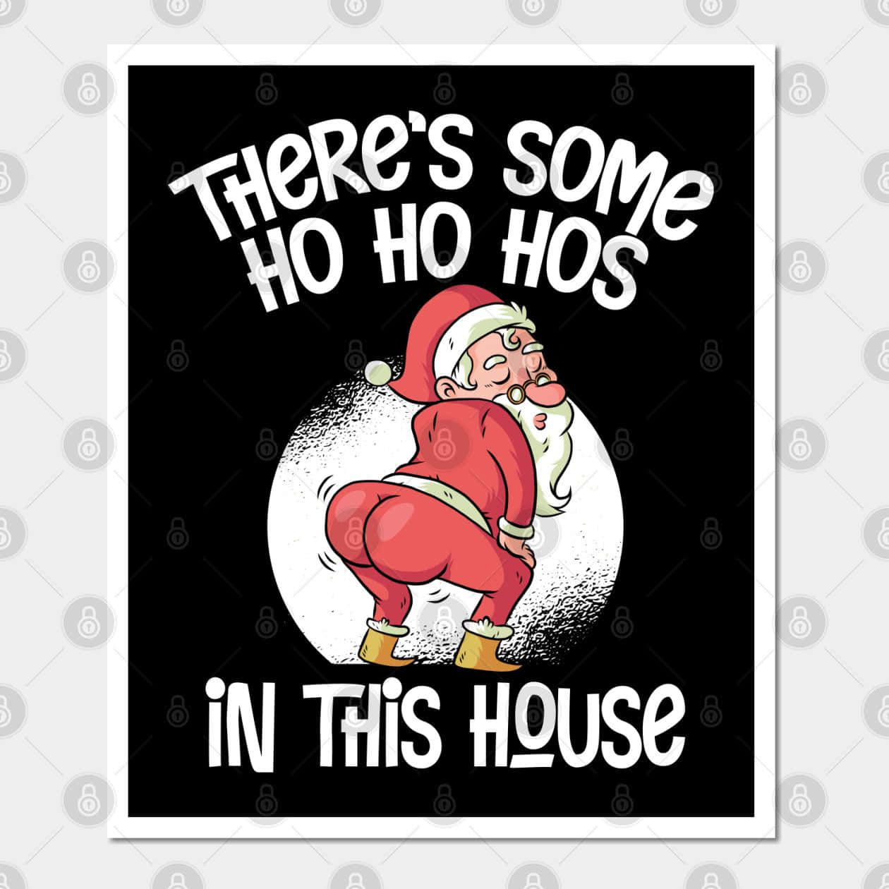 Funny Santa 桌布 壁紙 — 一個穿著紅色西裝的卡通聖誕老人，以幽默的蹲姿描繪在黑色背景上，白色文字寫著「THERE'S SOME HO HO HOS IN THIS HOUSE」。
