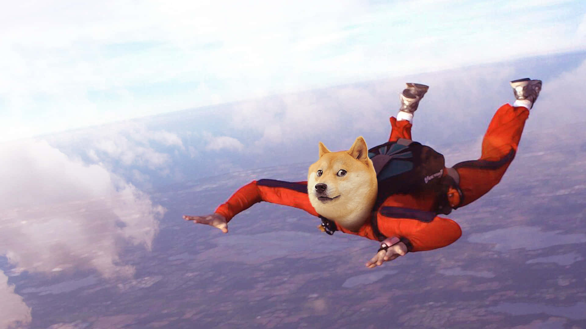 Dog Memes 桌布 壁紙 — 一個穿著紅色跳傘服的狗狗迷因角色，帶著微笑的臉在雲層上方自由落體。