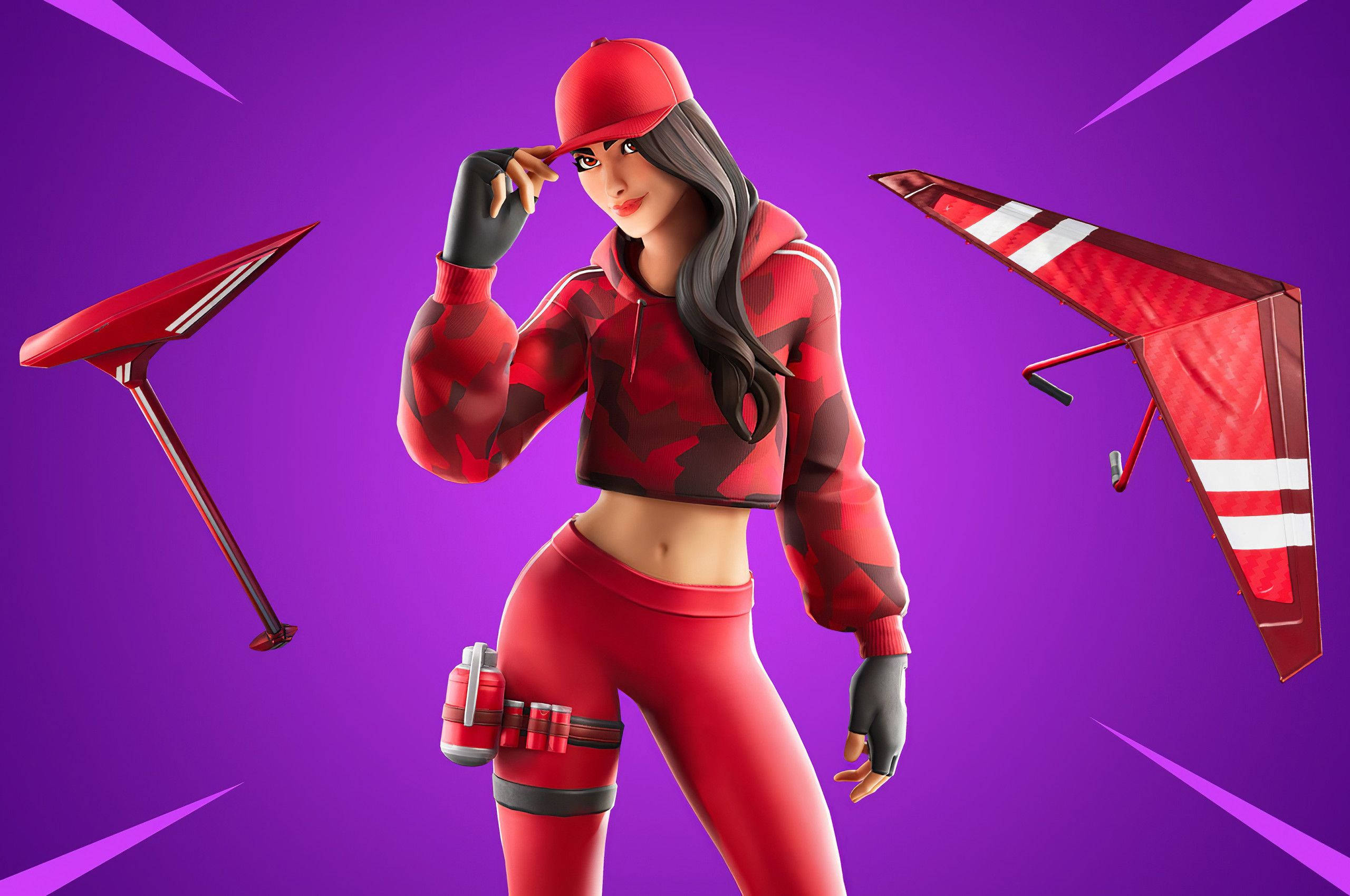 Ruby 桌布 壁紙 — 一個穿著紅色迷彩服的Fortnite角色，自信地拿著滑翔機和鎬子，背景是充滿活力的紫色。