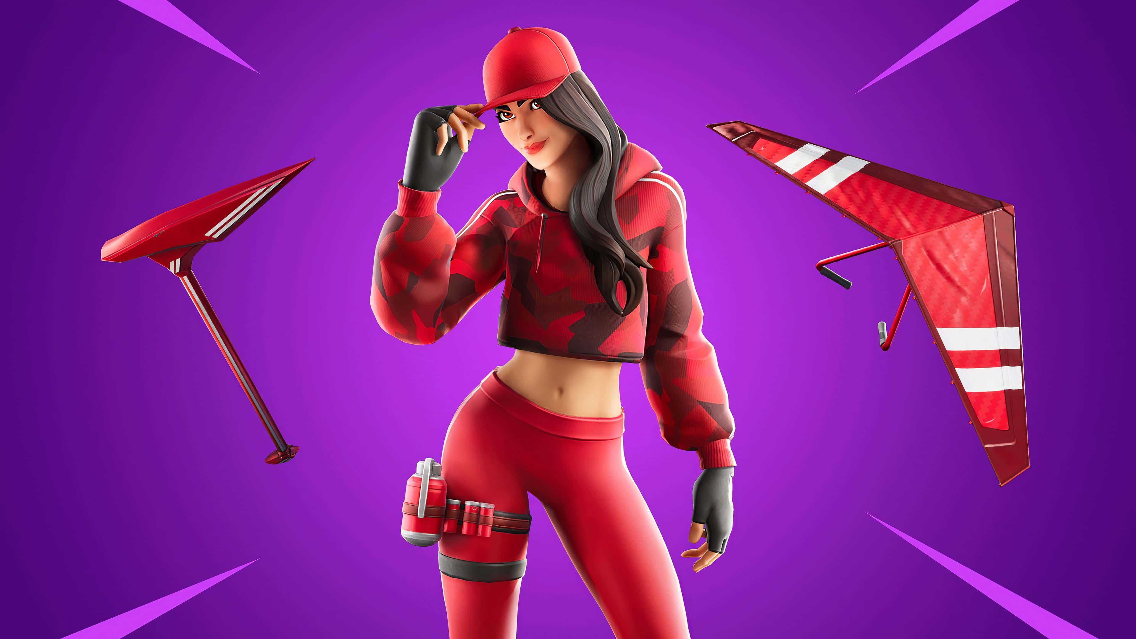 桌布 壁紙 — 一個穿著紅色迷彩服的Fortnite角色，自信地拿著滑翔翼和鎬，背景是充滿活力的紫色。