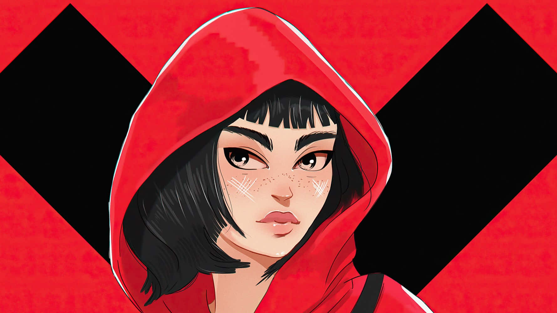 Money Heist Mask 桌布 壁紙 — 一個穿著紅色連帽斗篷的兇猛動漫女孩，在鮮明的紅黑菱形圖案背景下凝視著。