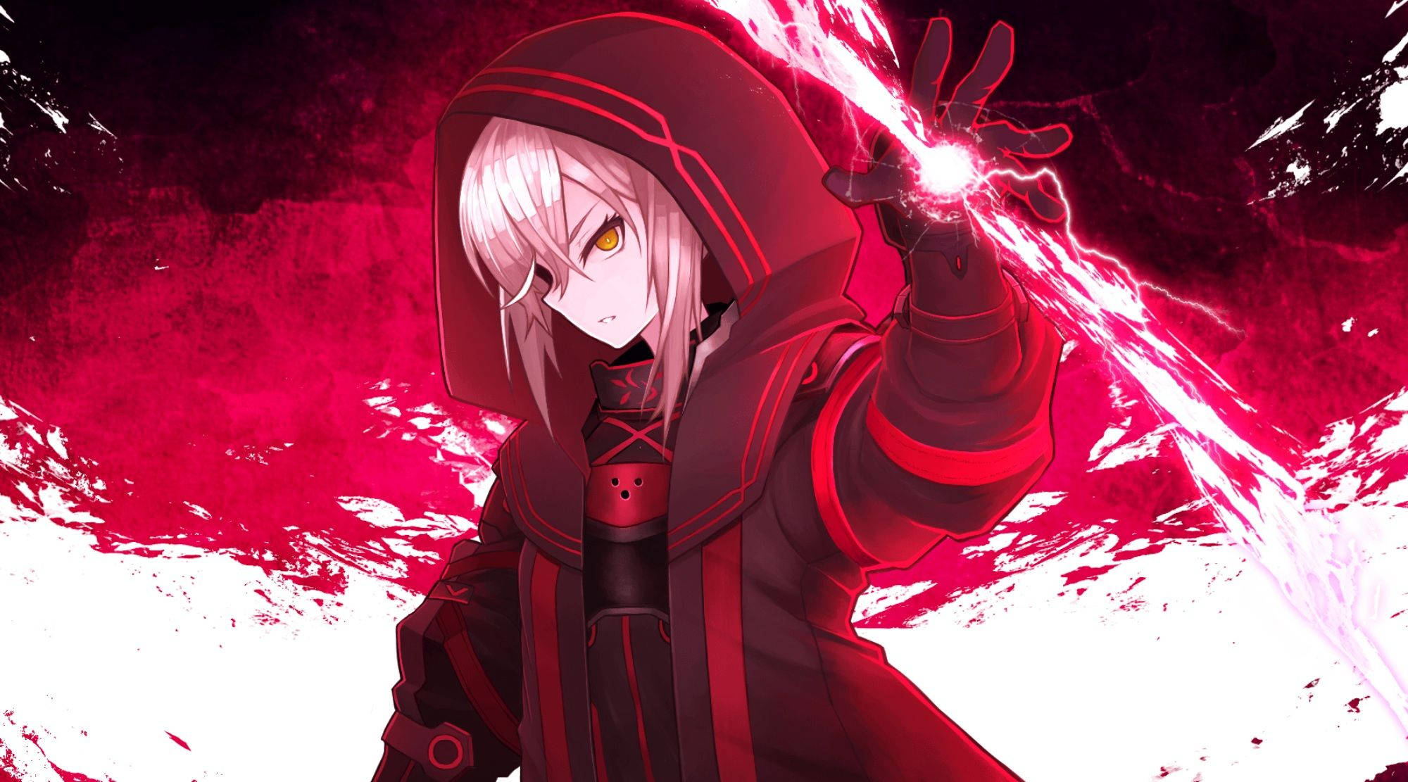 Fate Grand Order 桌布 壁紙 — 一個穿著紅色連帽斗篷的動漫角色，在熾熱的深紅色和白色背景前，從伸出的手中引導出發光的紅色能量。