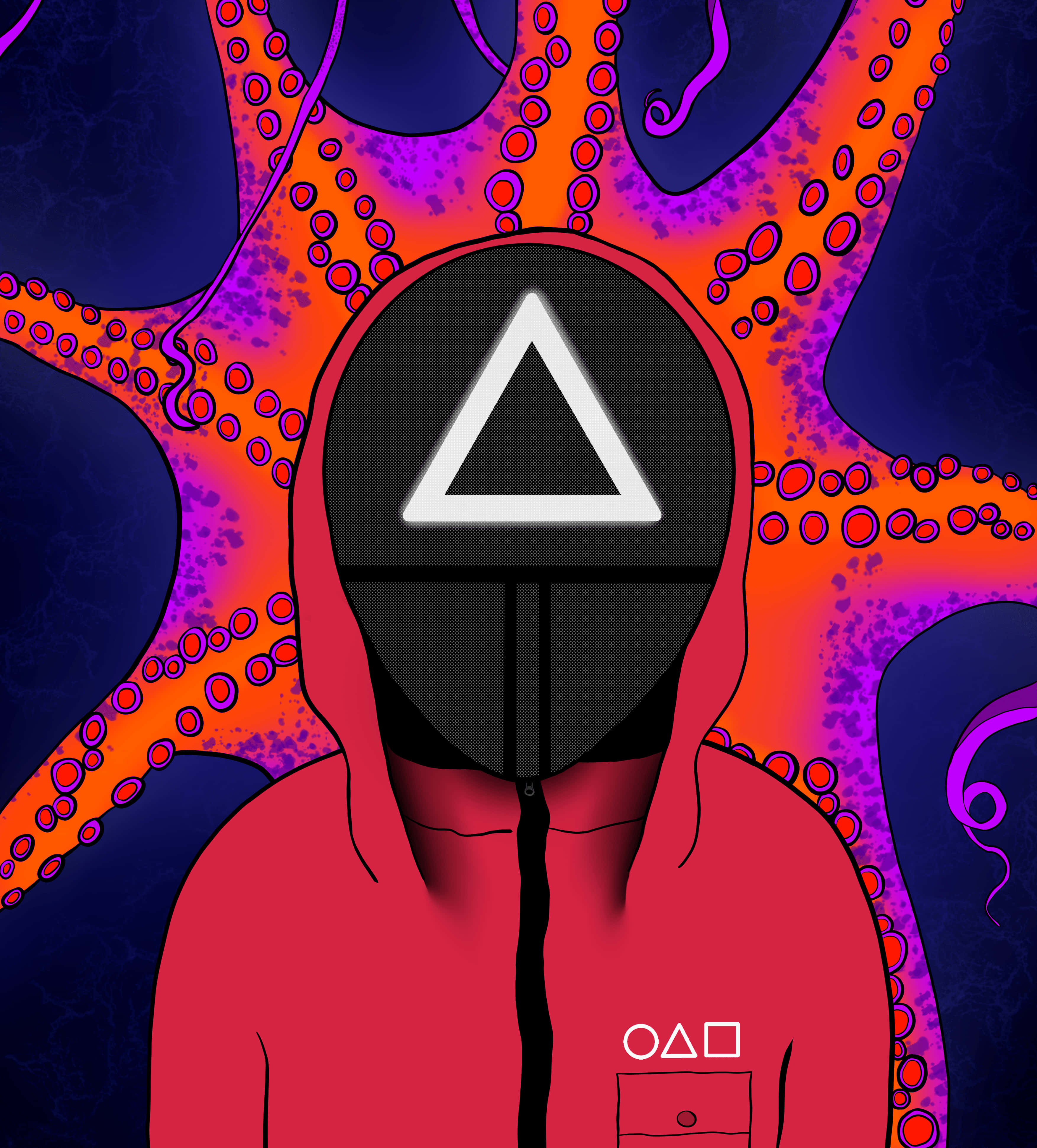 Squid Game Guard 桌布 壁紙 — 一個穿著紅色連帽衫、戴著發光白色三角形面具的人物站在一隻充滿活力的橙色和紫色章魚面前，章魚有球根狀的觸手。