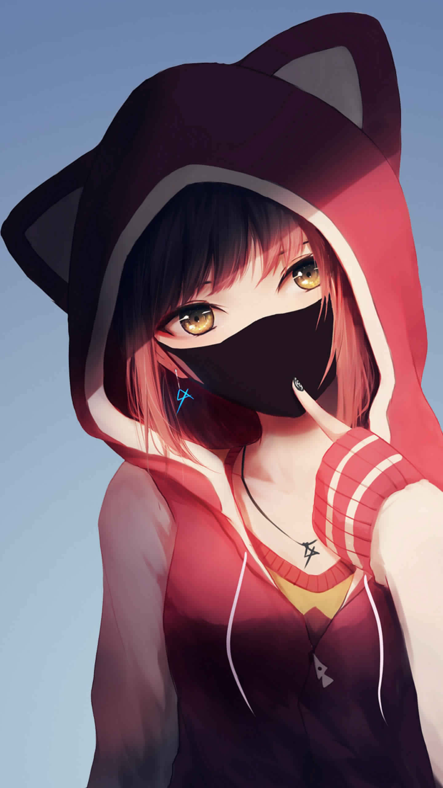 Cool Anime iPhone 桌布 壁紙 — 一個穿著紅色連帽衫、戴著貓耳和黑色口罩的年輕動漫女孩，在淡藍色背景下溫柔地凝視著。