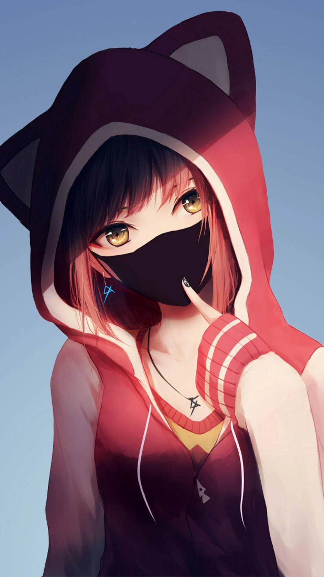 phone girl 桌布 壁紙 — 一個穿著紅色連帽衫、戴著貓耳和黑色口罩的年輕動漫女孩，在清澈的藍天下溫柔地凝視著。