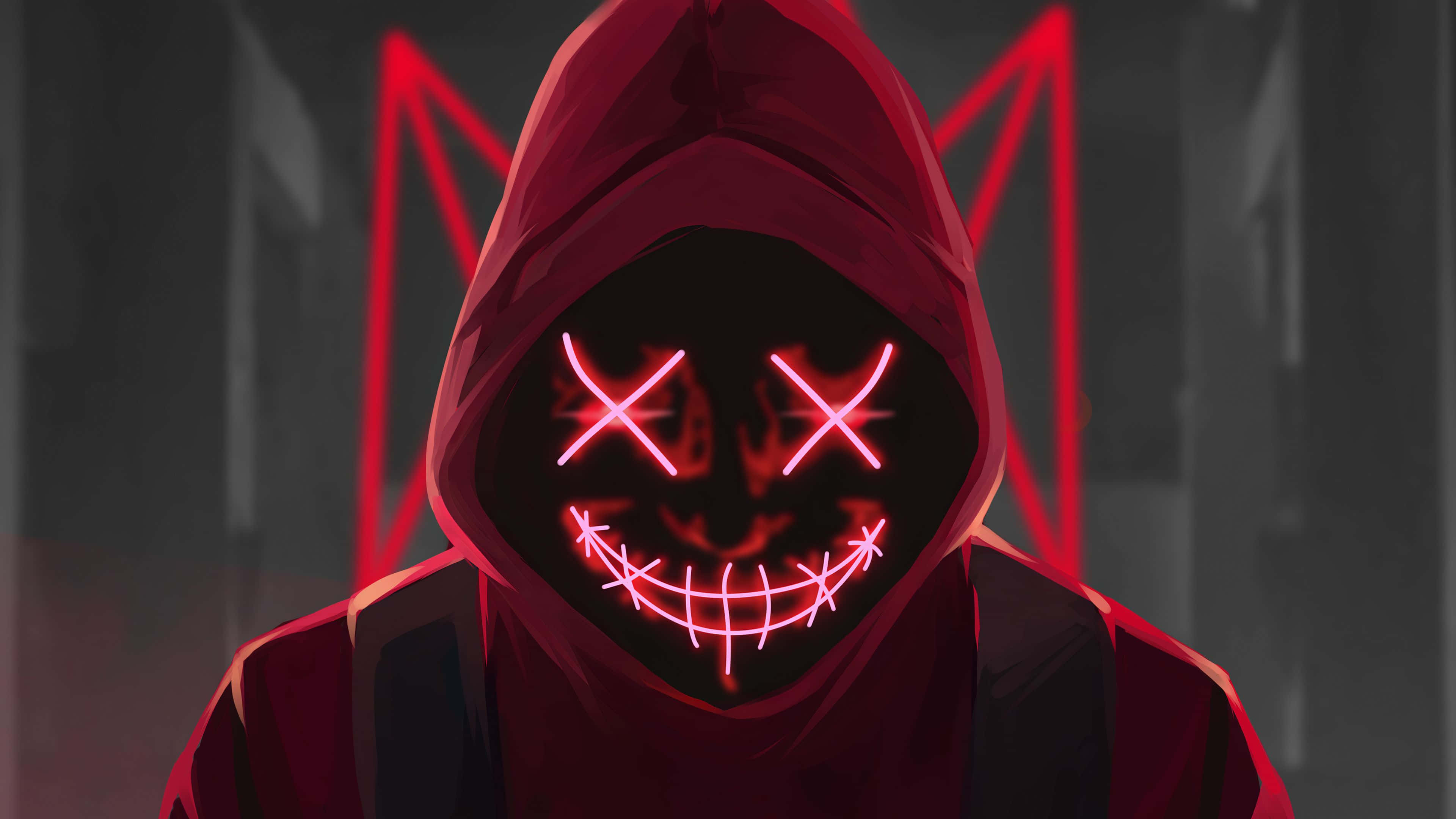 Mask 桌布 壁紙 — 一個穿著紅色連帽衫、擁有發光粉紅色X眼睛和縫合笑容的威脅性人物，站在帶有紅色霓虹三角形的黑暗背景前。