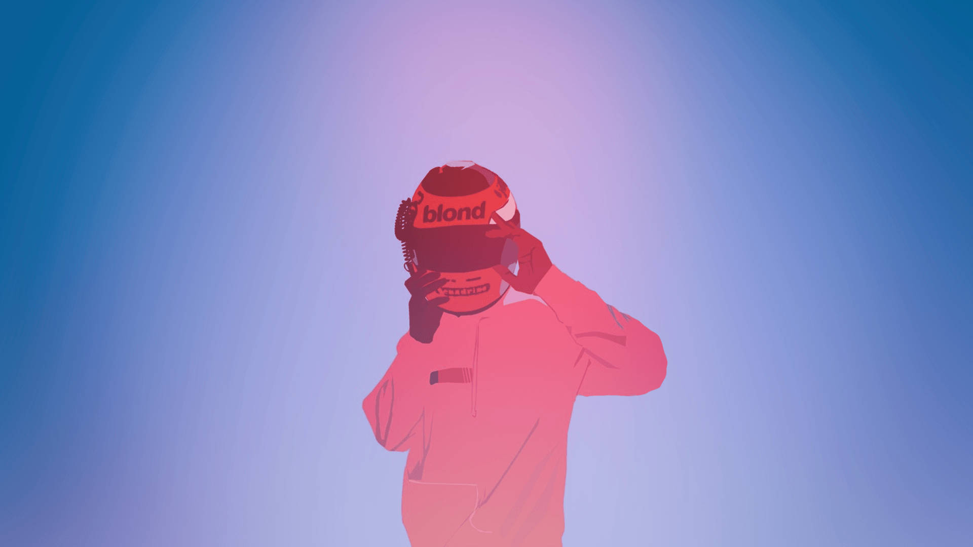 Frank Ocean 桌布 壁紙 — 一個穿著紅色連帽衫和帽子的風格化人物在柔和的藍色和粉紅色漸變背景前調整耳機。