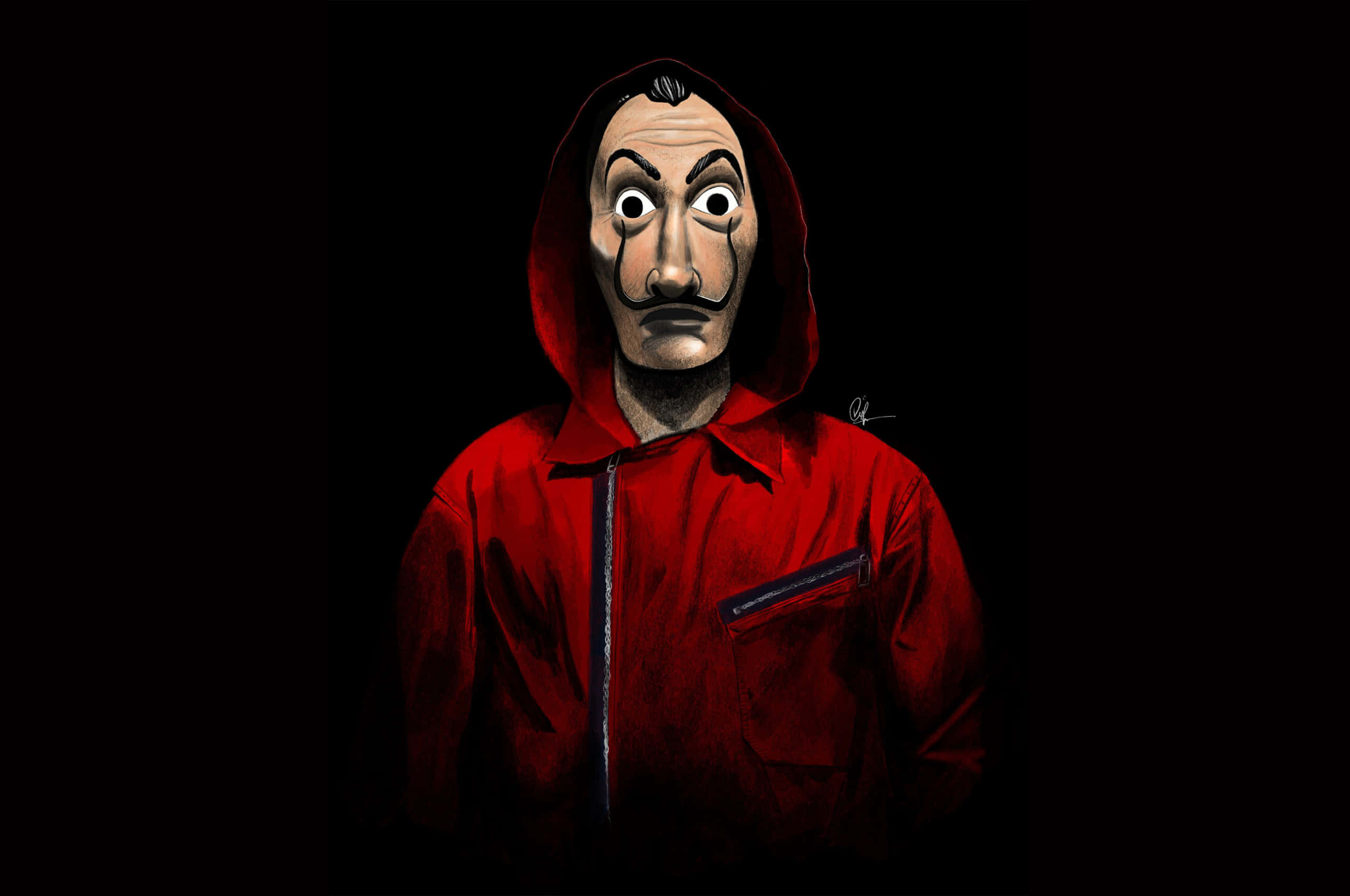 Money Heist Mask 桌布 壁紙 — 一個穿著紅色連帽衫和標誌性面具的人物在黑色背景下強烈地凝視。