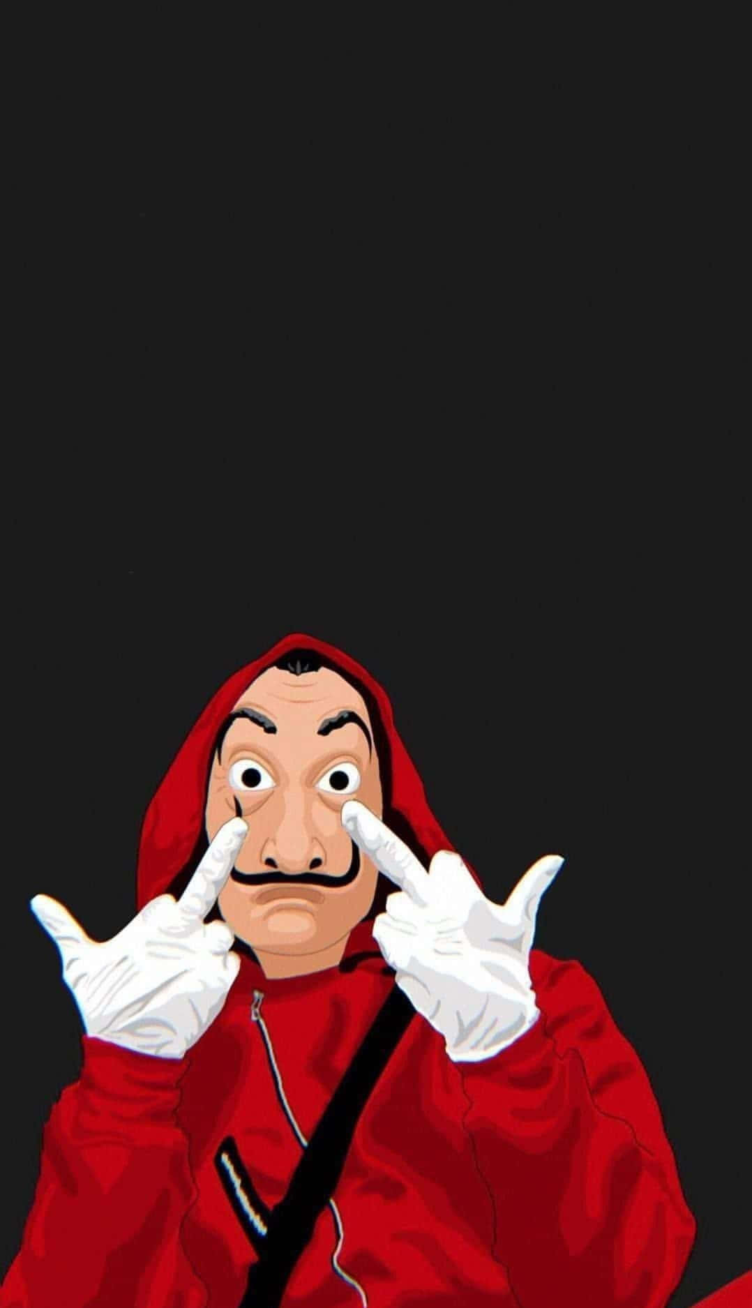 Money Heist Mask 桌布 壁紙 — 一個穿著紅色連帽衫和白色手套的卡通人物，在黑色背景前用手指指向自己的眼睛。