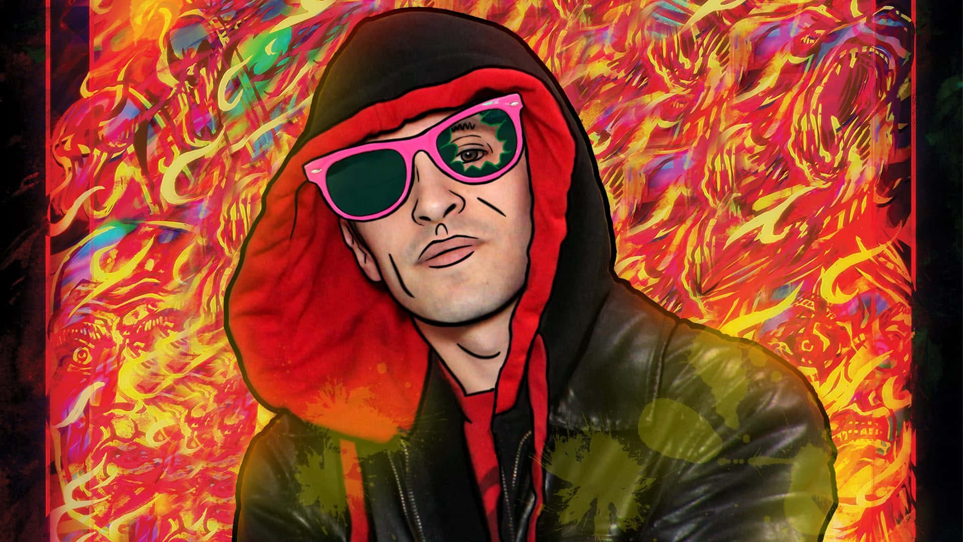 Hotline Miami 桌布 壁紙 — 一個穿著紅色連帽衫和粉紅色太陽眼鏡的時尚男子，站在充滿活力的抽象火焰背景前。