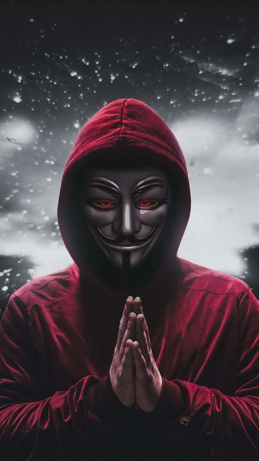 Mask 桌布 壁紙 — 一個穿著紅色連帽衫和蓋伊·福克斯面具的人物，雙手合十，站在雪夜星空下。