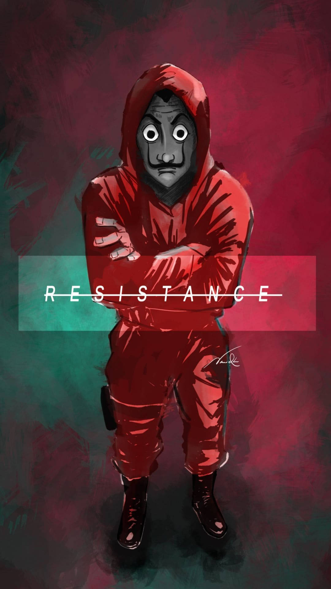 一個穿著紅色連帽衫的蒙面人物，雙臂交叉，顯示「resistance」這個詞。 — 紙房子 GIF 壁紙