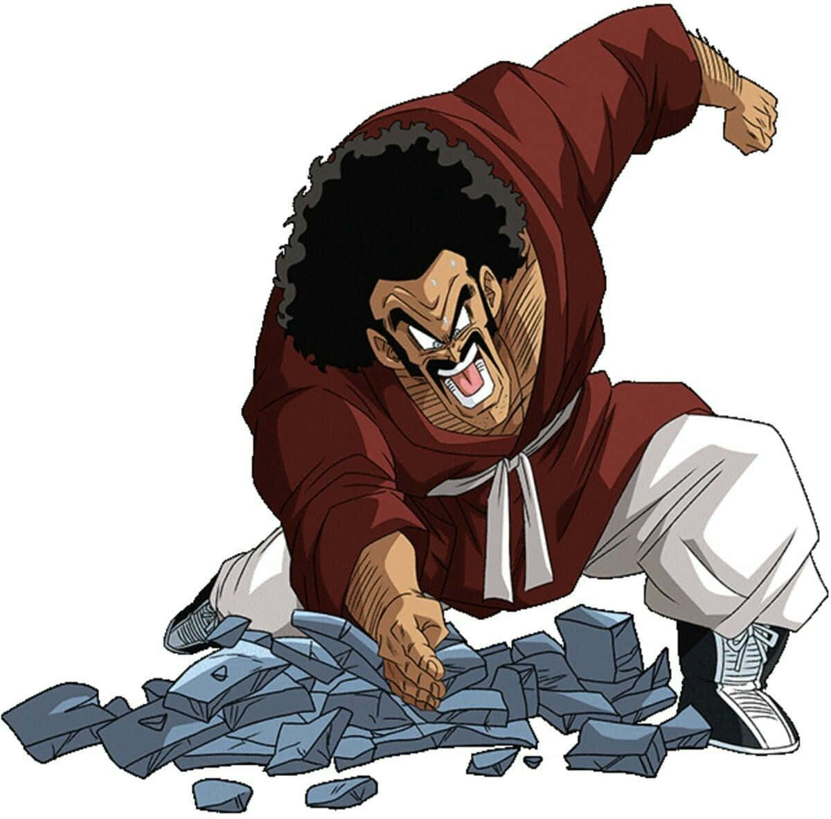 Hercule Satan 桌布 壁紙 — 一個穿著紅色連帽衫的動漫角色，在破碎的藍色岩石在他手下爆炸時，帶著憤怒的表情向前猛衝。